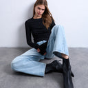Topshop clean long sleeve top in black