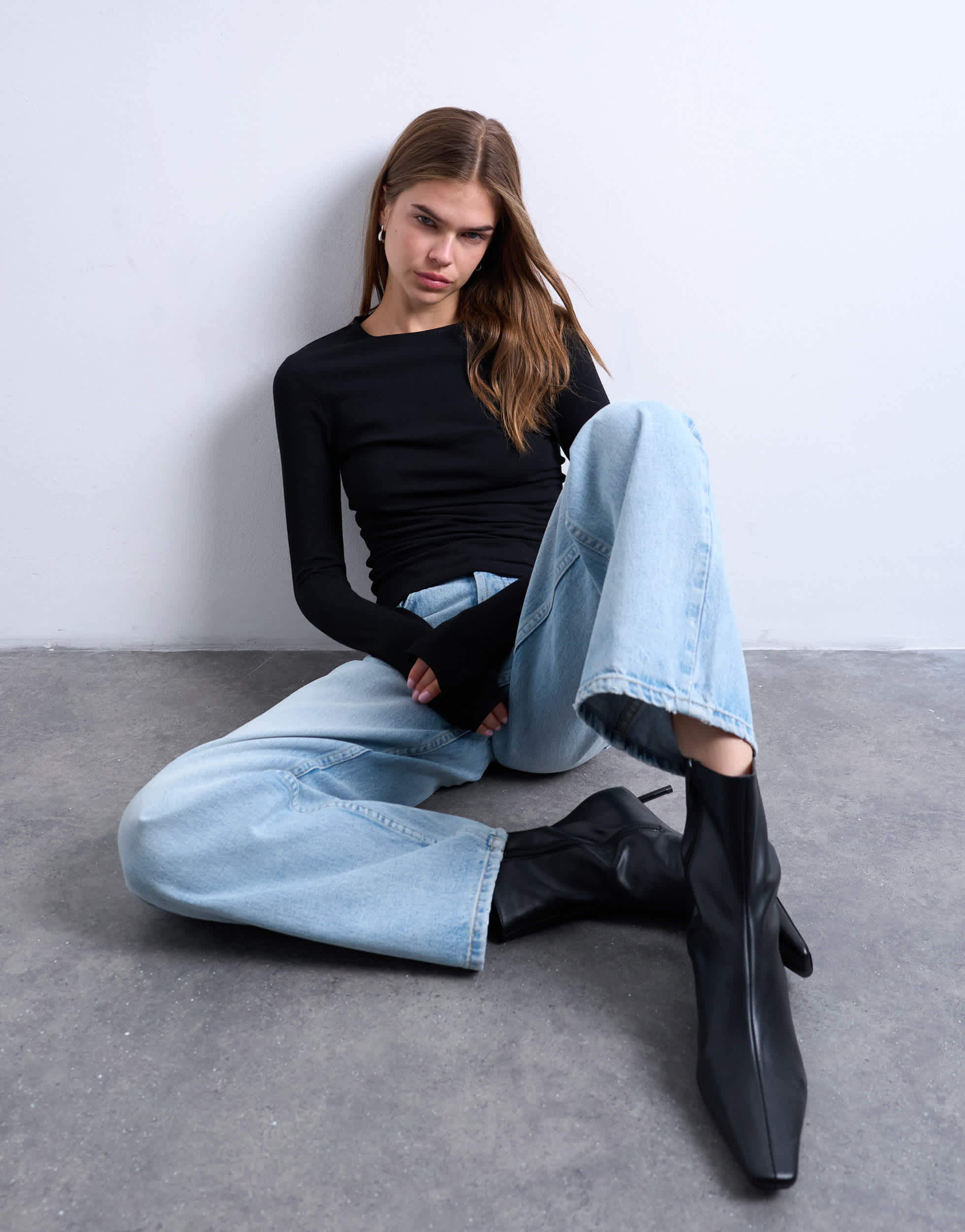 Topshop clean long sleeve top in black