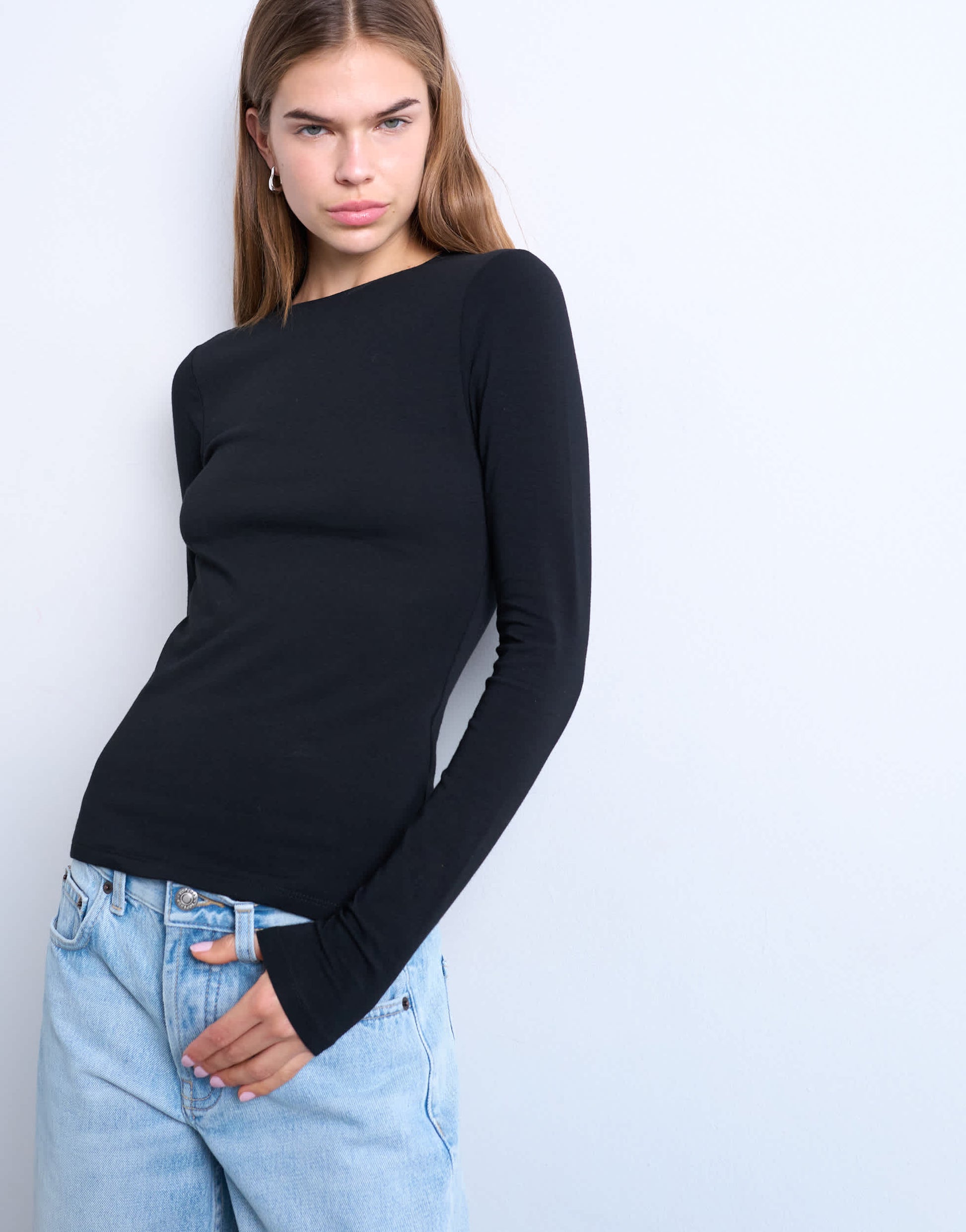 Topshop clean long sleeve top in black