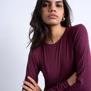 Topshop premium rib long sleeve top in burgundy