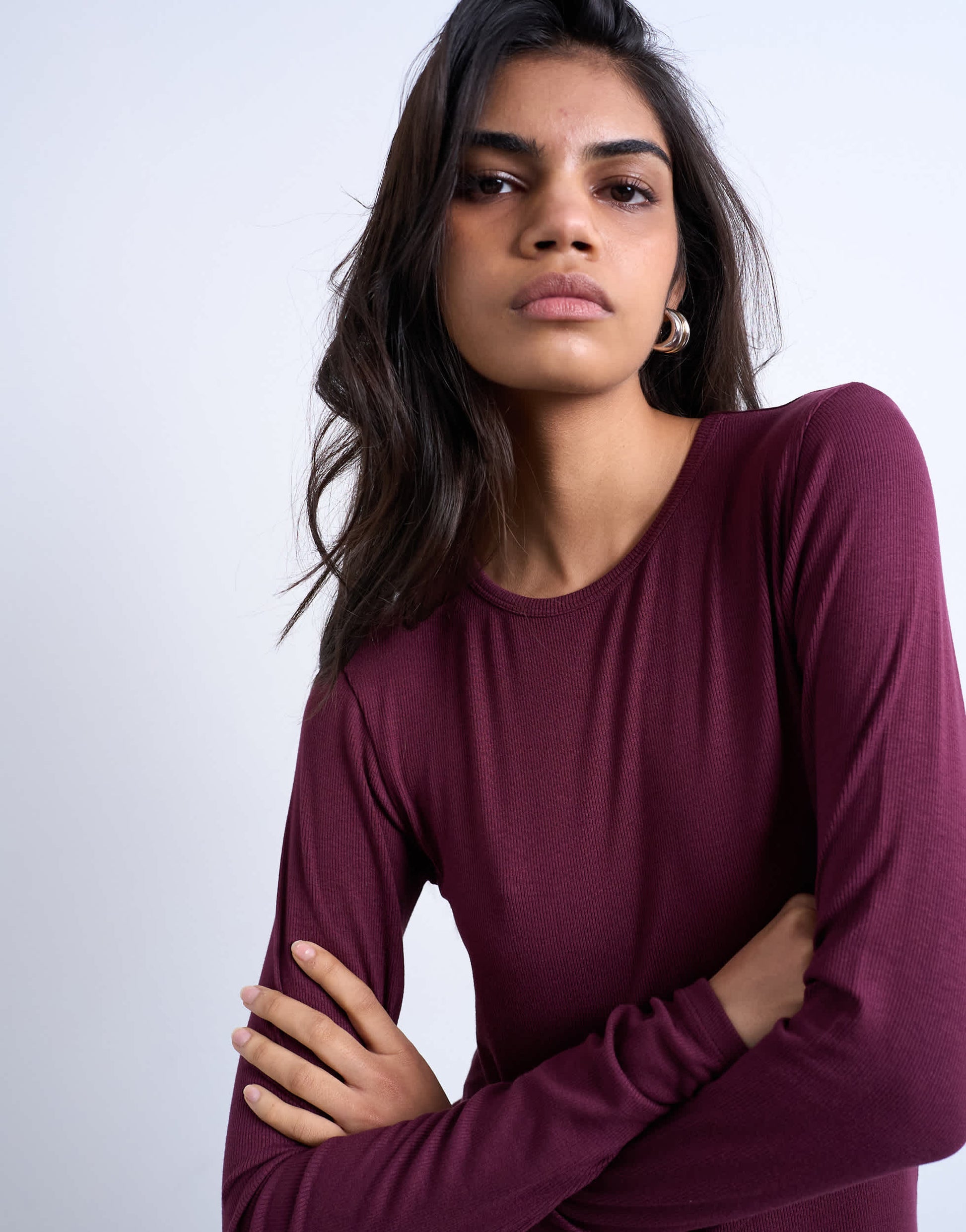 Topshop premium rib long sleeve top in burgundy