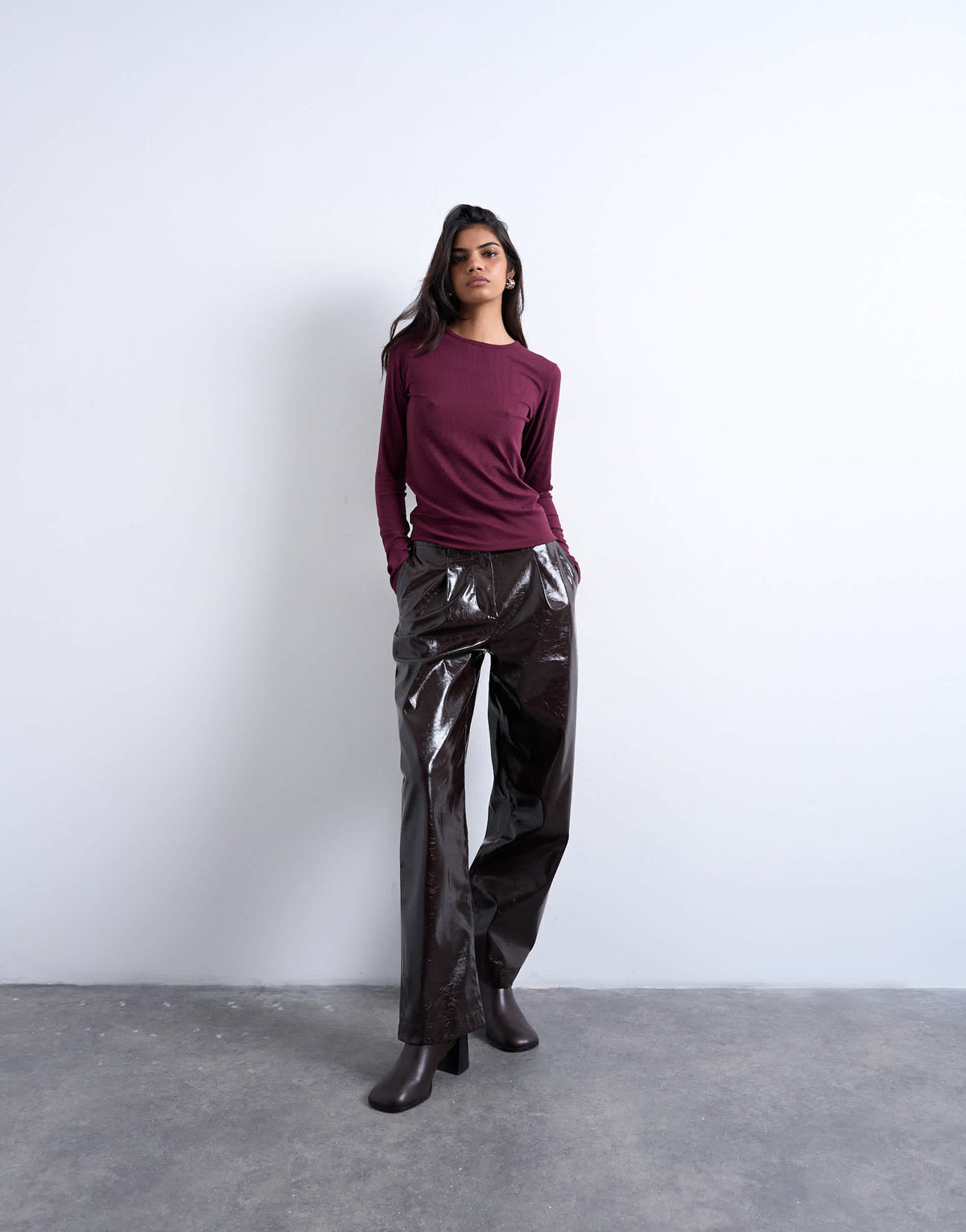 Topshop premium rib long sleeve top in burgundy