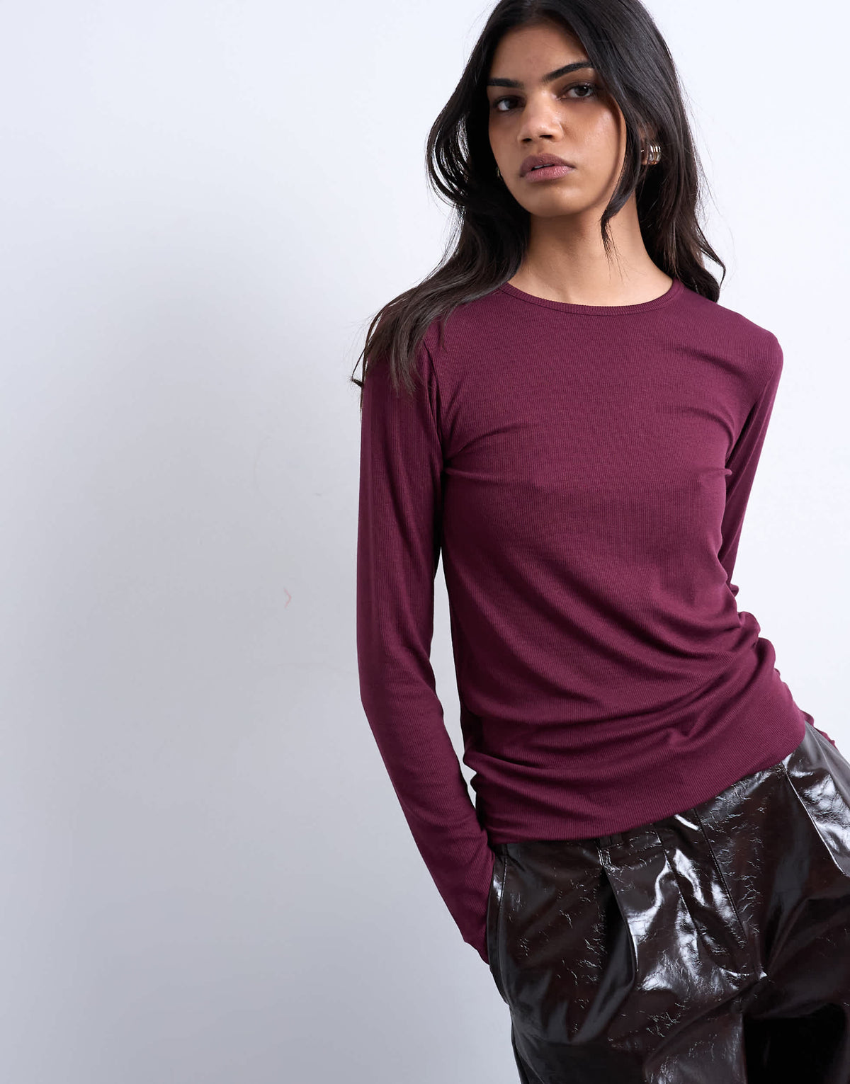 Topshop premium rib long sleeve top in burgundy