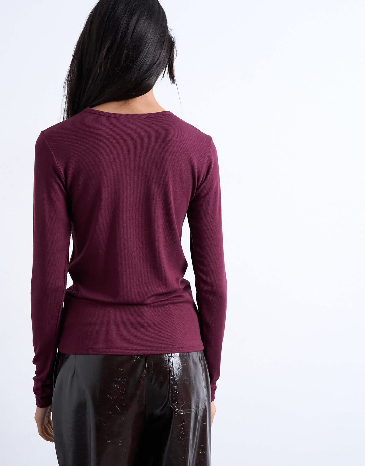 Topshop premium rib long sleeve top in burgundy