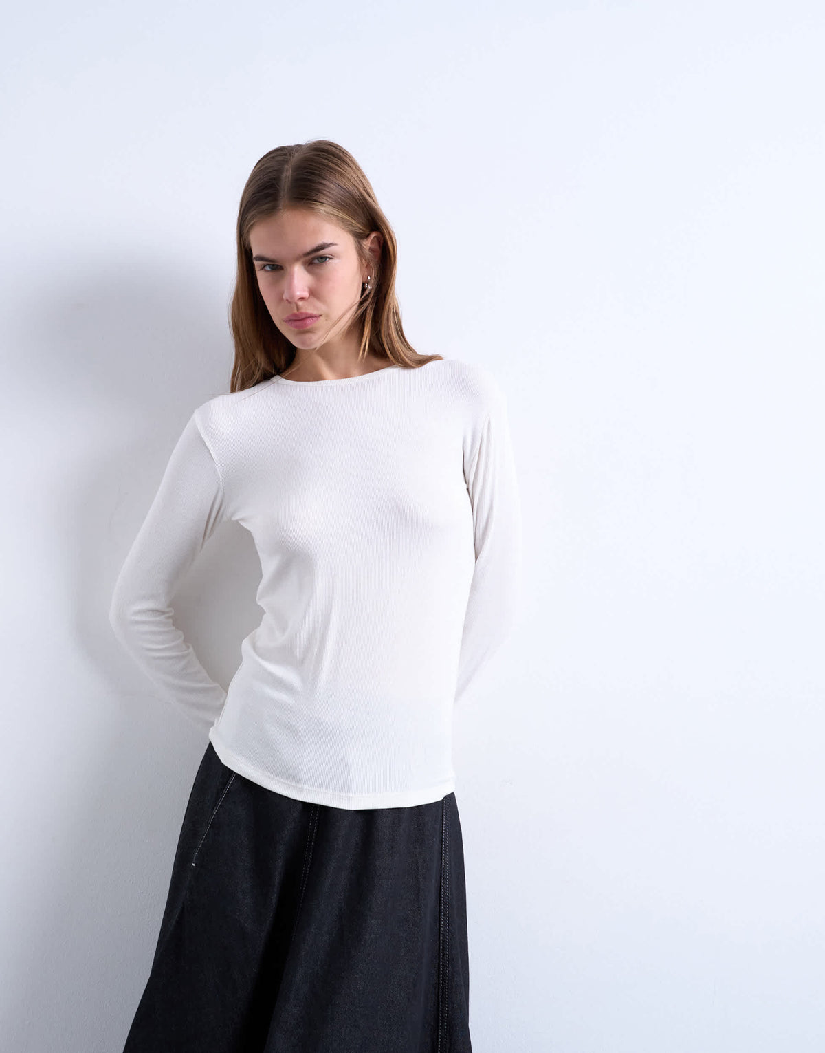 Topshop premium rib long sleeve top in ecru
