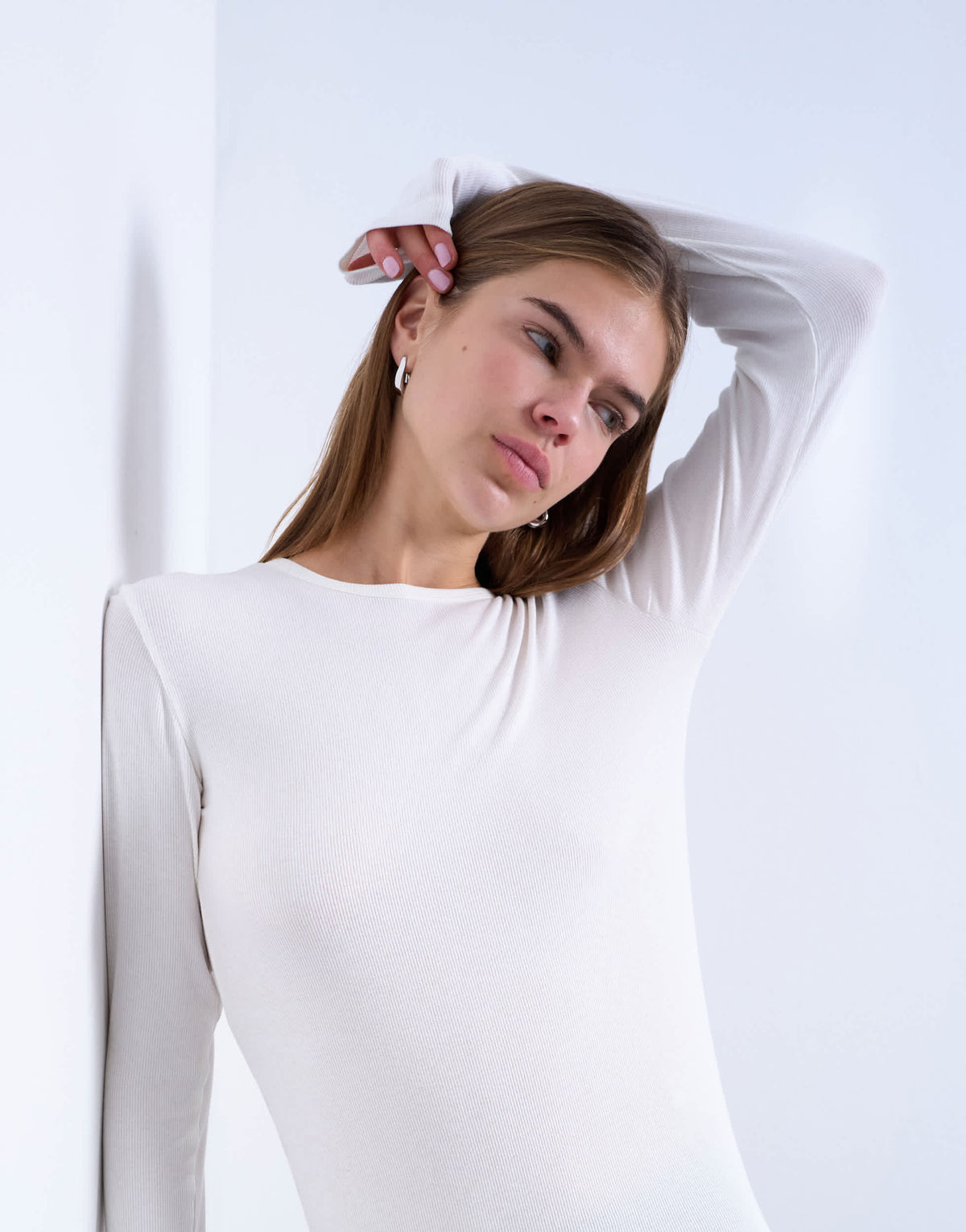 Topshop premium rib long sleeve top in ecru