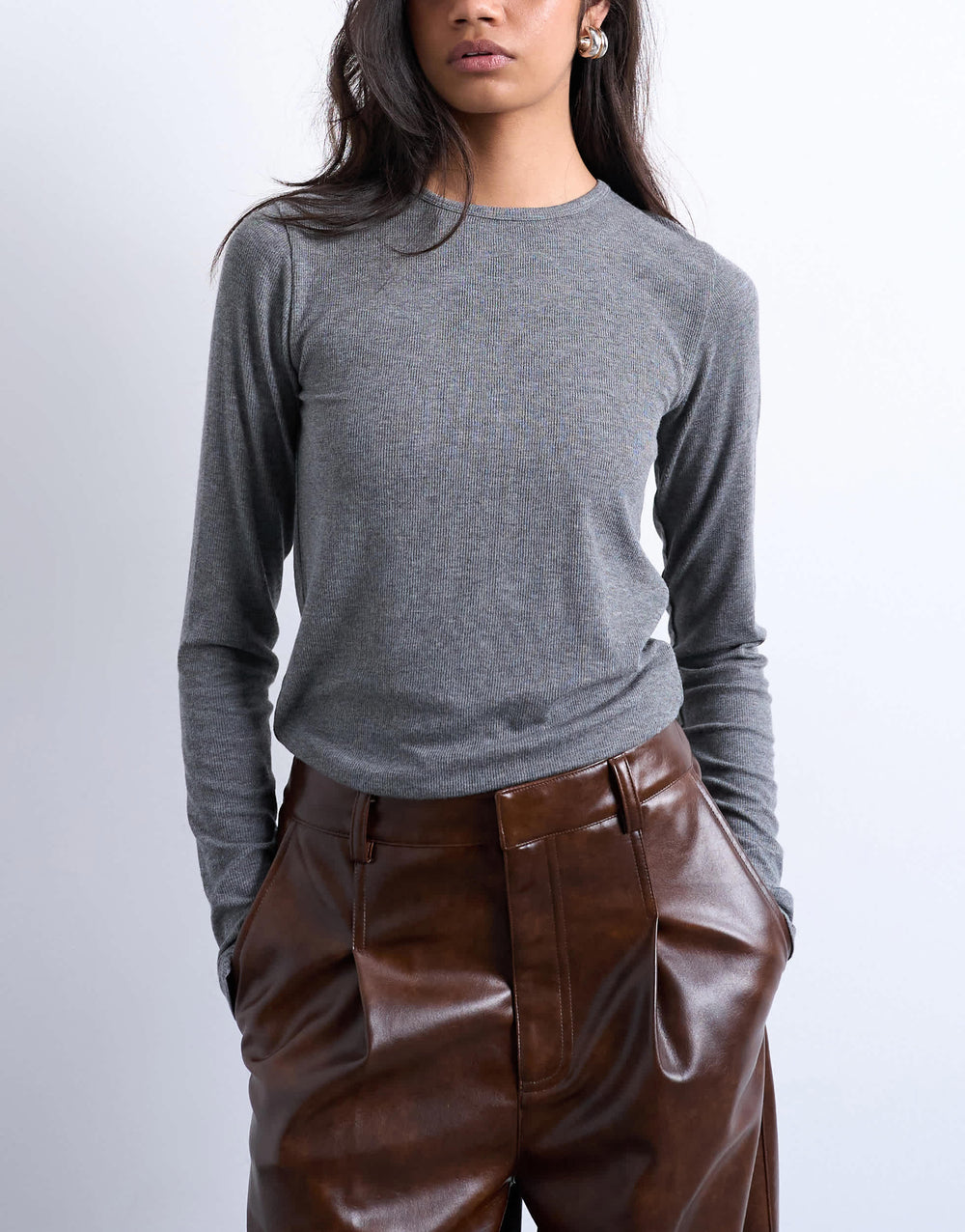 Haut à manches longues côtelé premium Topshop gris chiné