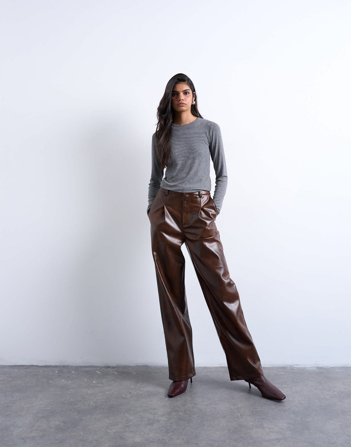 Topshop premium rib long sleeve top in grey marl