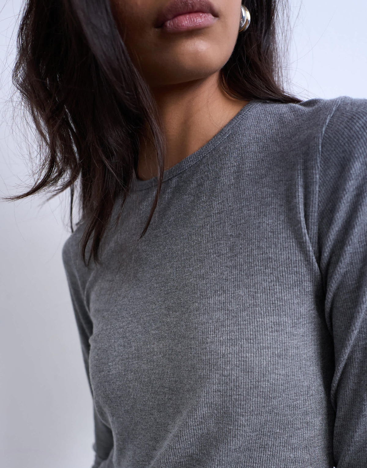 Topshop premium rib long sleeve top in grey marl