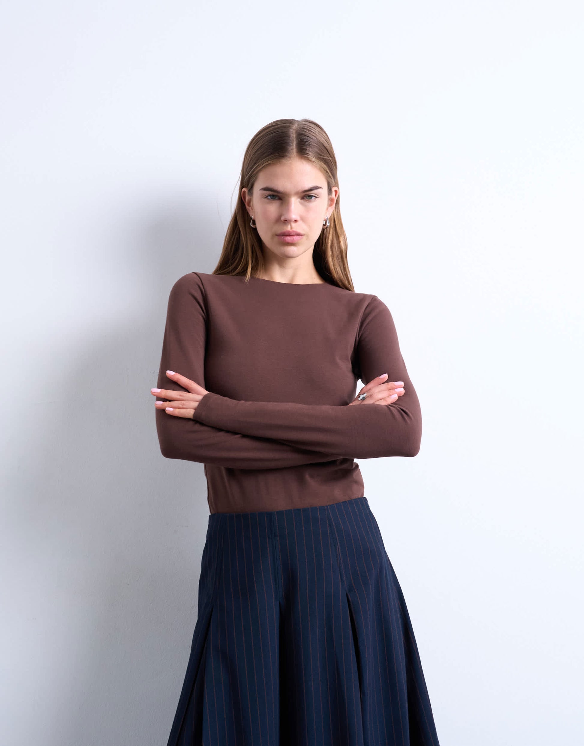 Topshop clean long sleeve top in chocolate brown