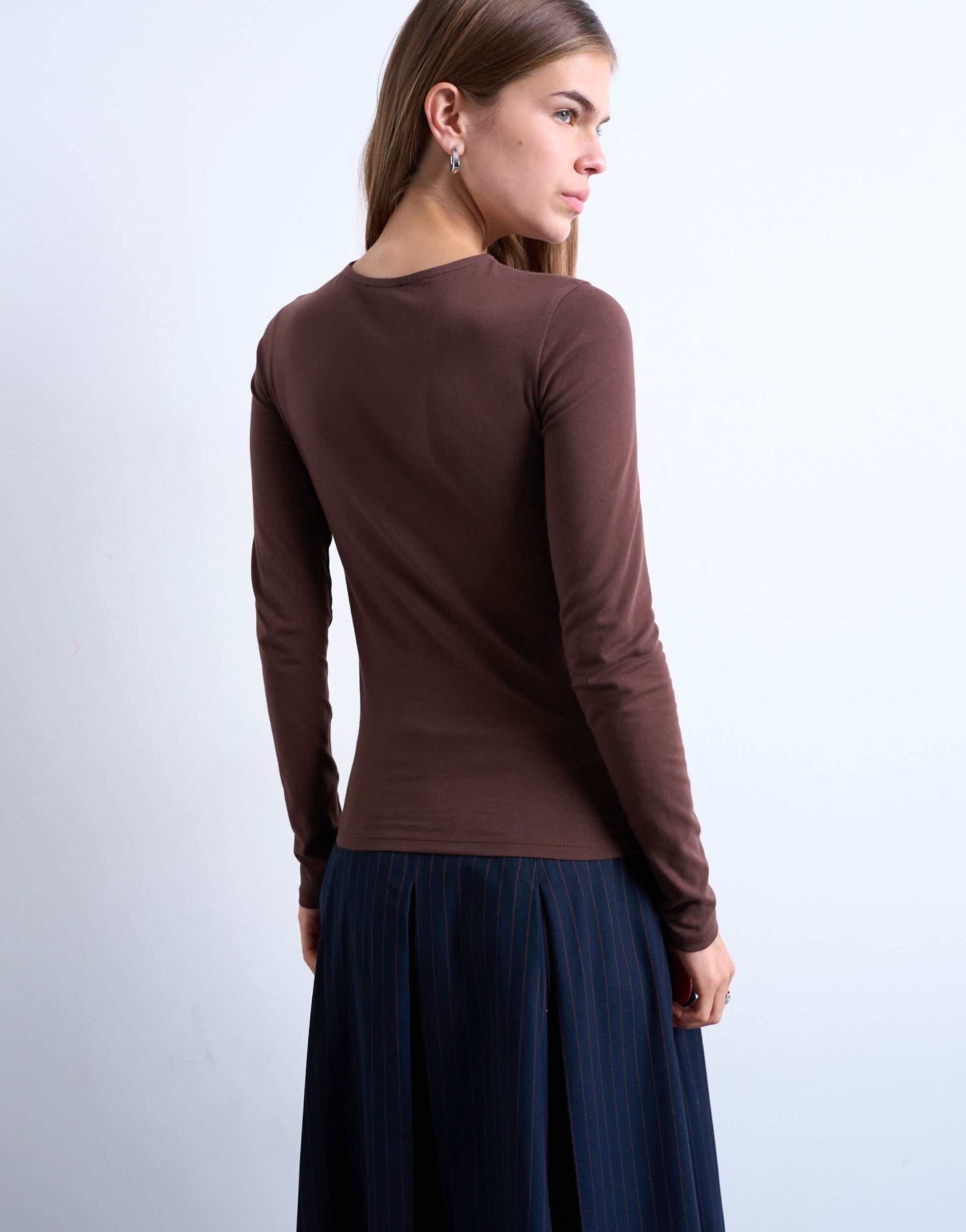 Topshop clean long sleeve top in chocolate brown