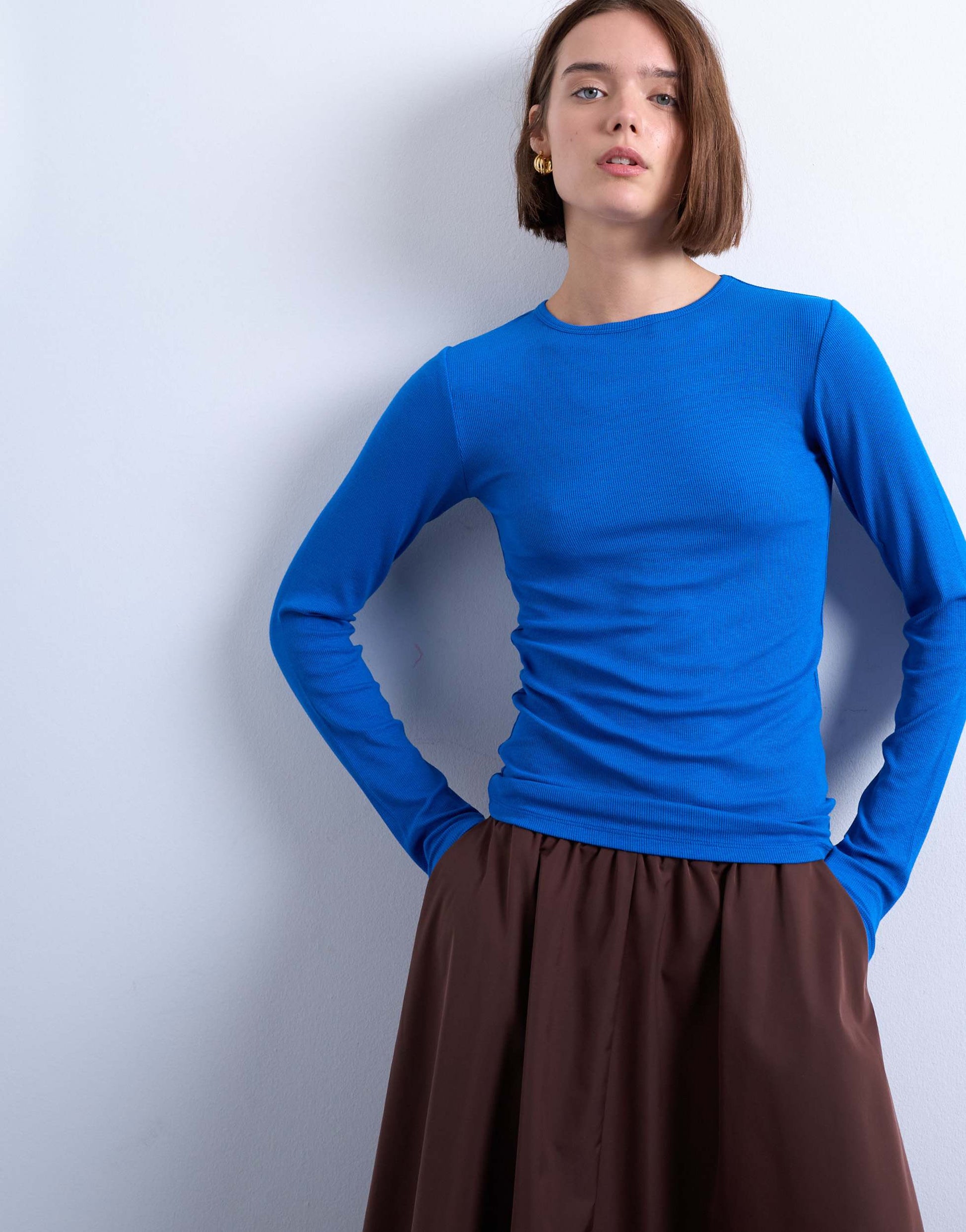 Topshop premium rib long sleeve top in blue