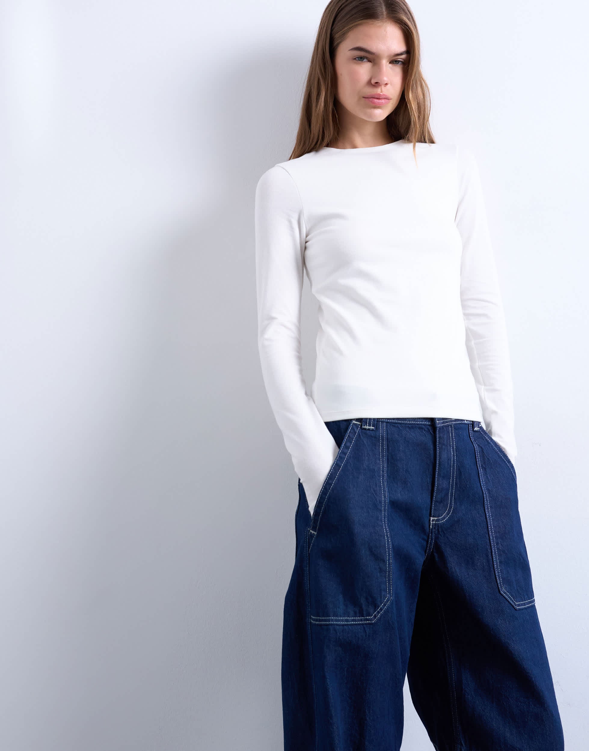 Topshop clean long sleeve top in ivory