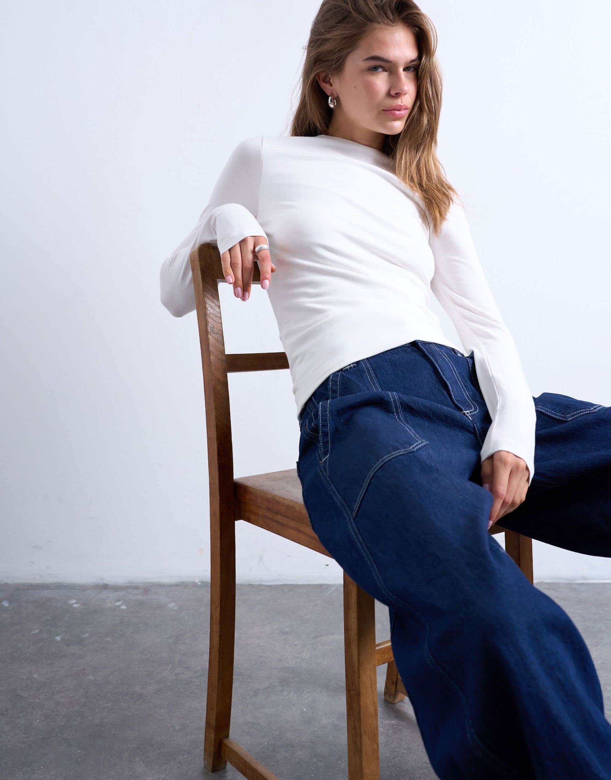 Topshop clean long sleeve top in ivory