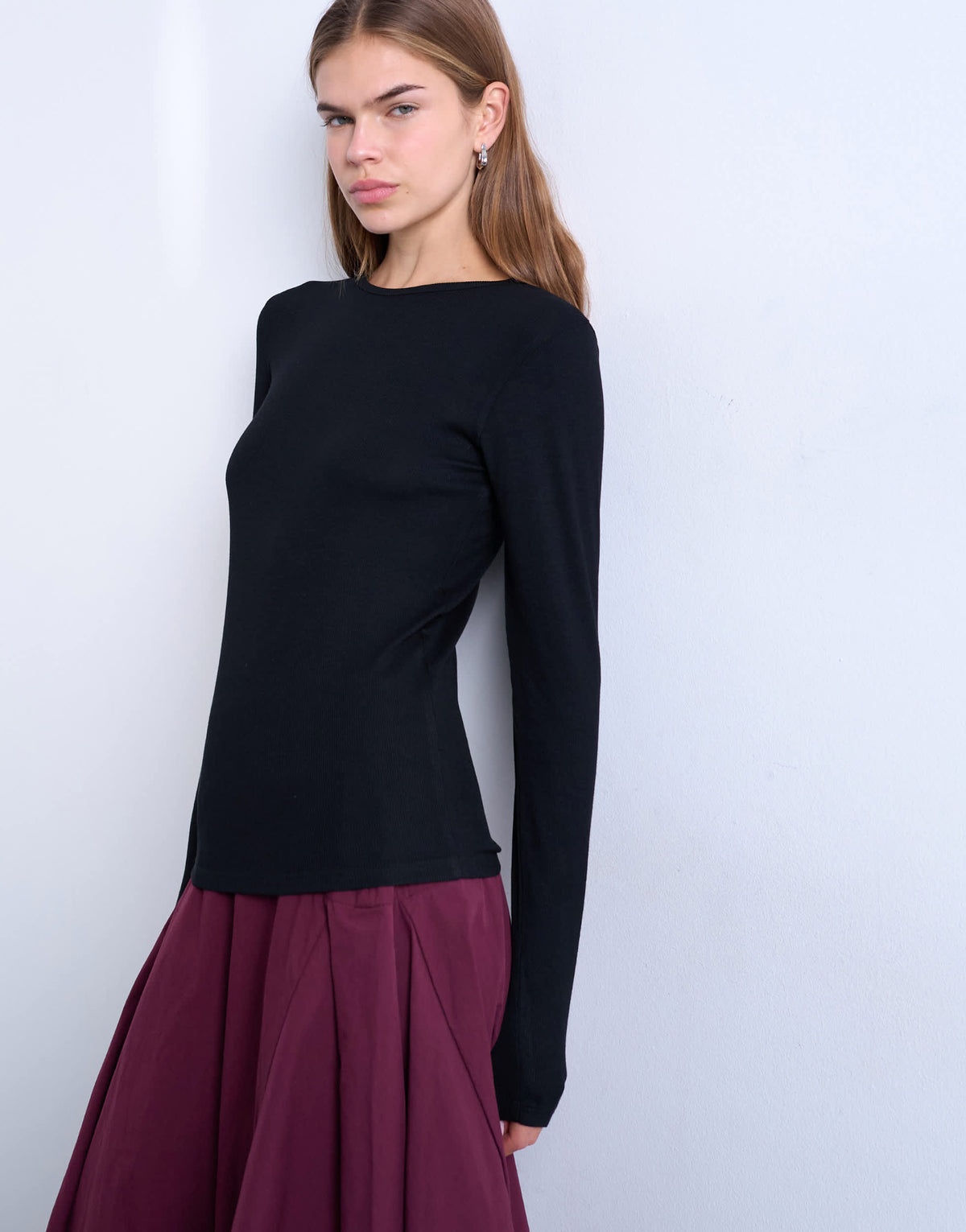 Topshop premium rib long sleeve top in black
