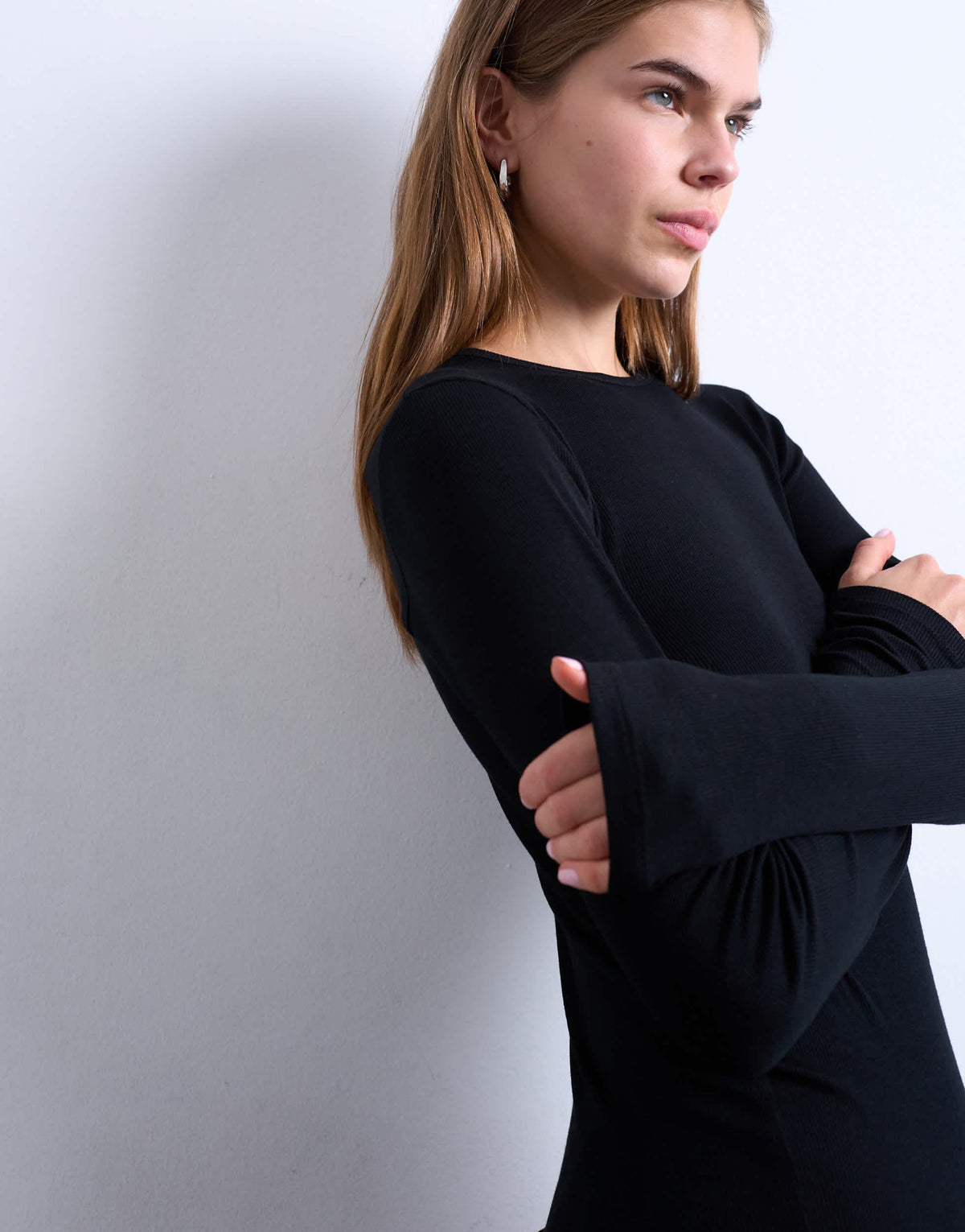 Topshop premium rib long sleeve top in black