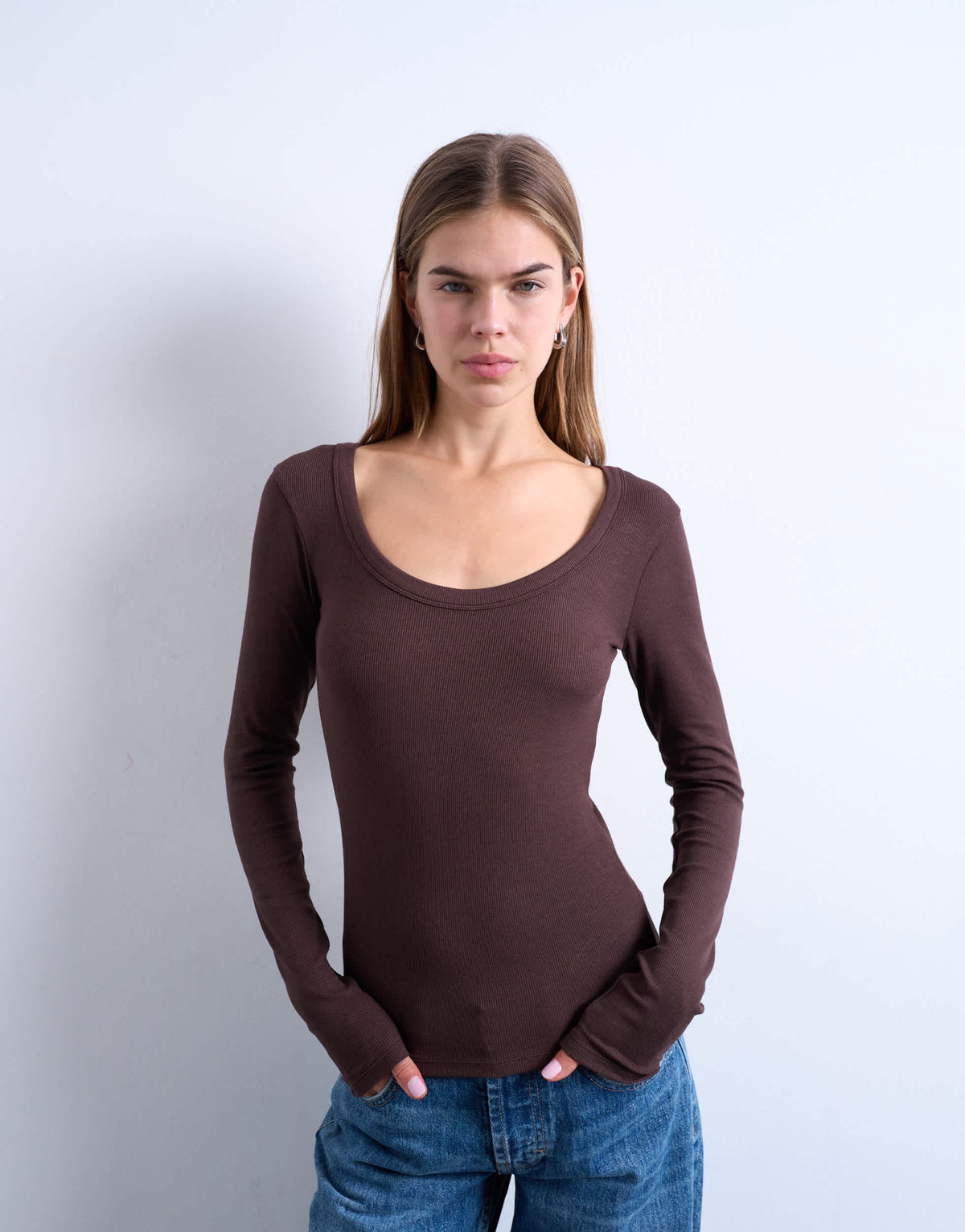 Topshop premium rib long sleeve wide scoop neck top in chocolate brown
