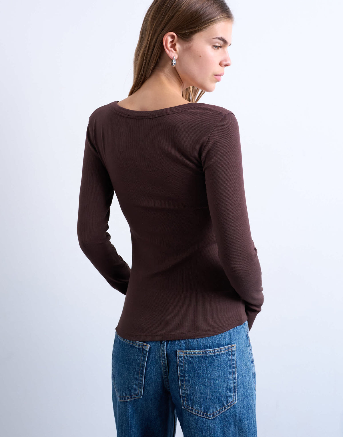 Topshop premium rib long sleeve wide scoop neck top in chocolate brown