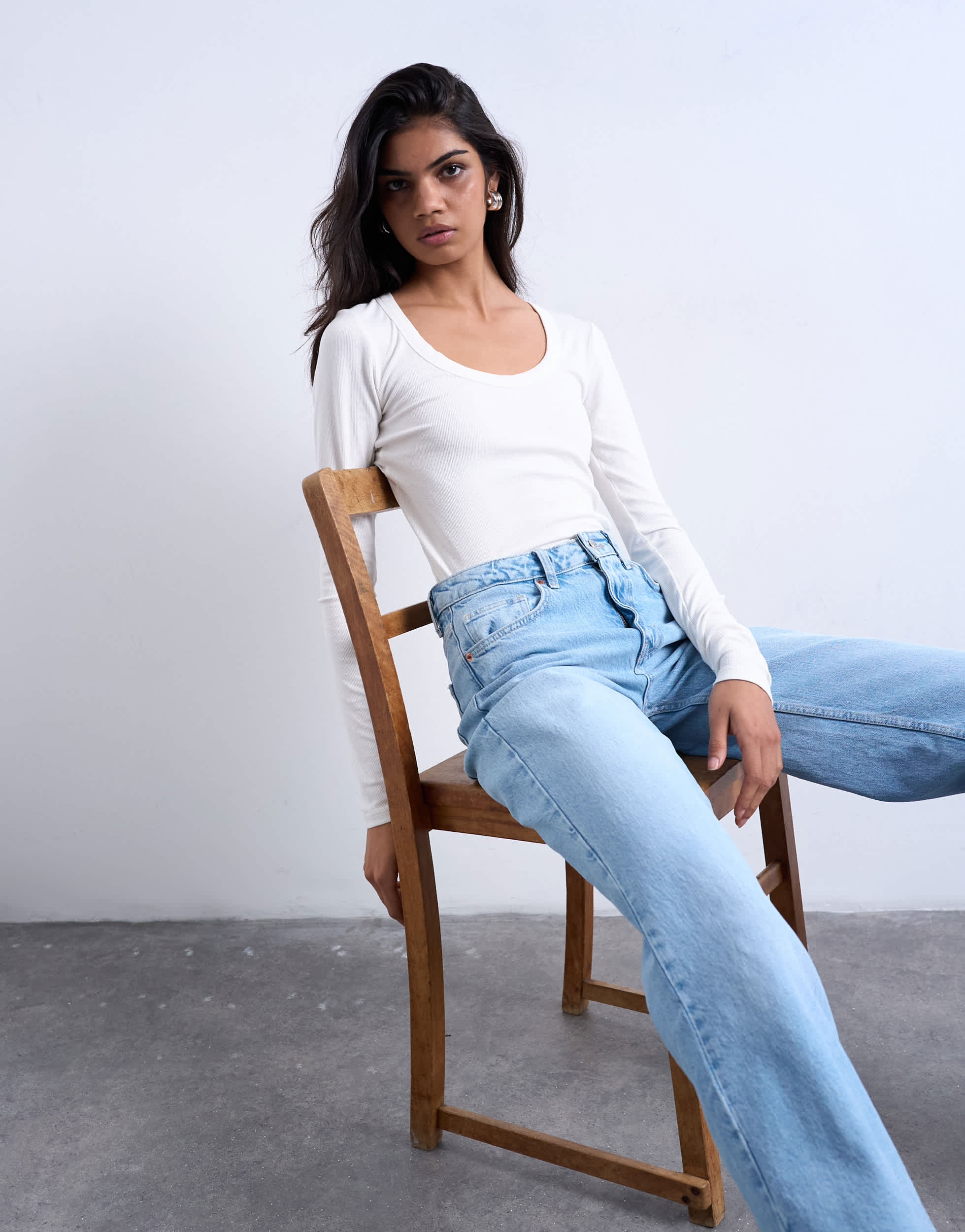 Topshop premium rib long sleeve wide scoop neck top in ecru