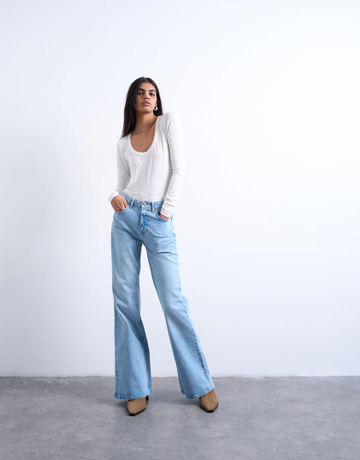 Topshop premium rib long sleeve wide scoop neck top in ecru
