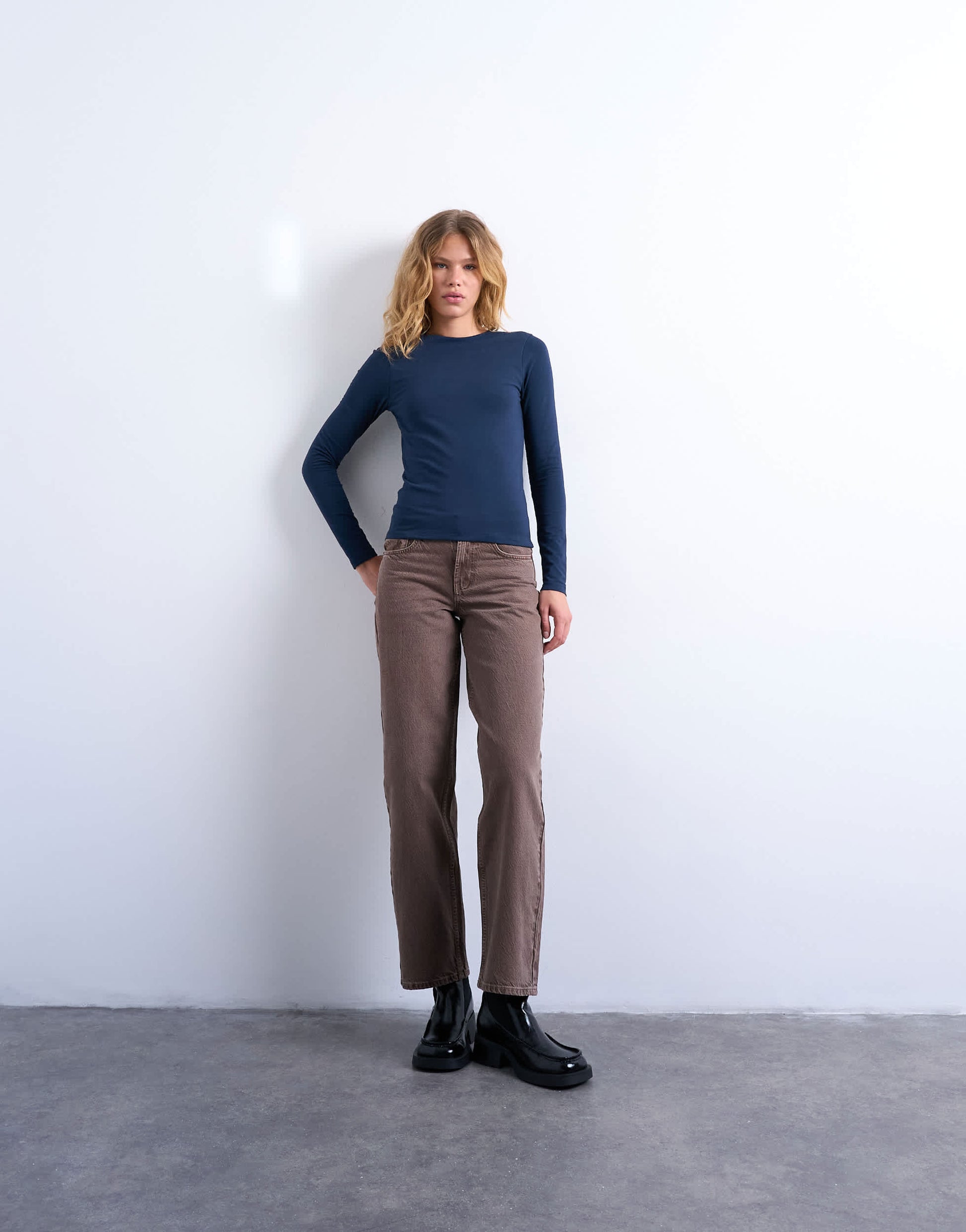 Topshop clean long sleeve top in navy