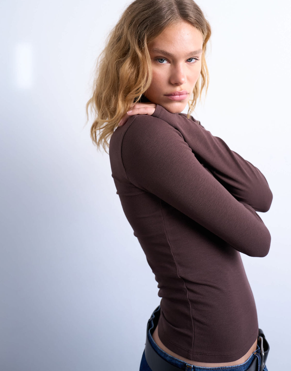 Topshop premium rib funnel neck top in chocolate brown