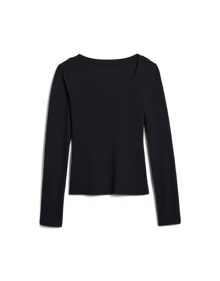 Topshop premium rib long sleeve wide scoop neck top in black