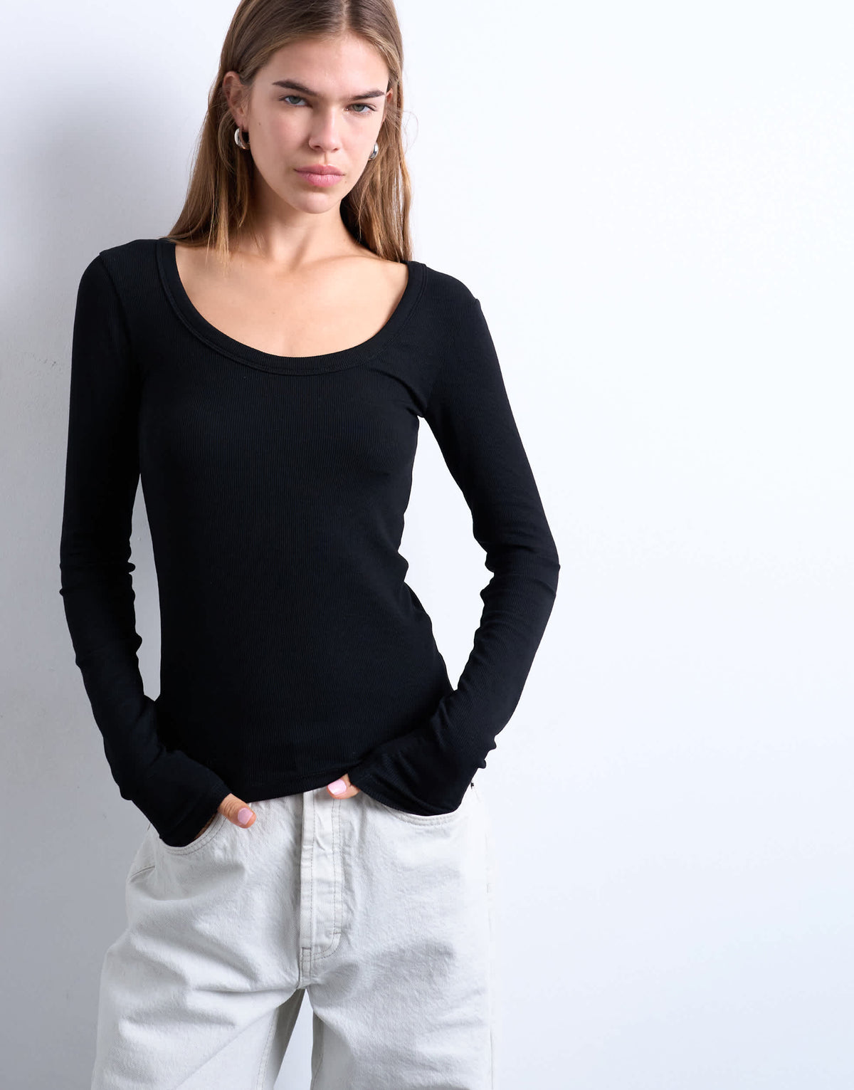 Topshop premium rib long sleeve wide scoop neck top in black