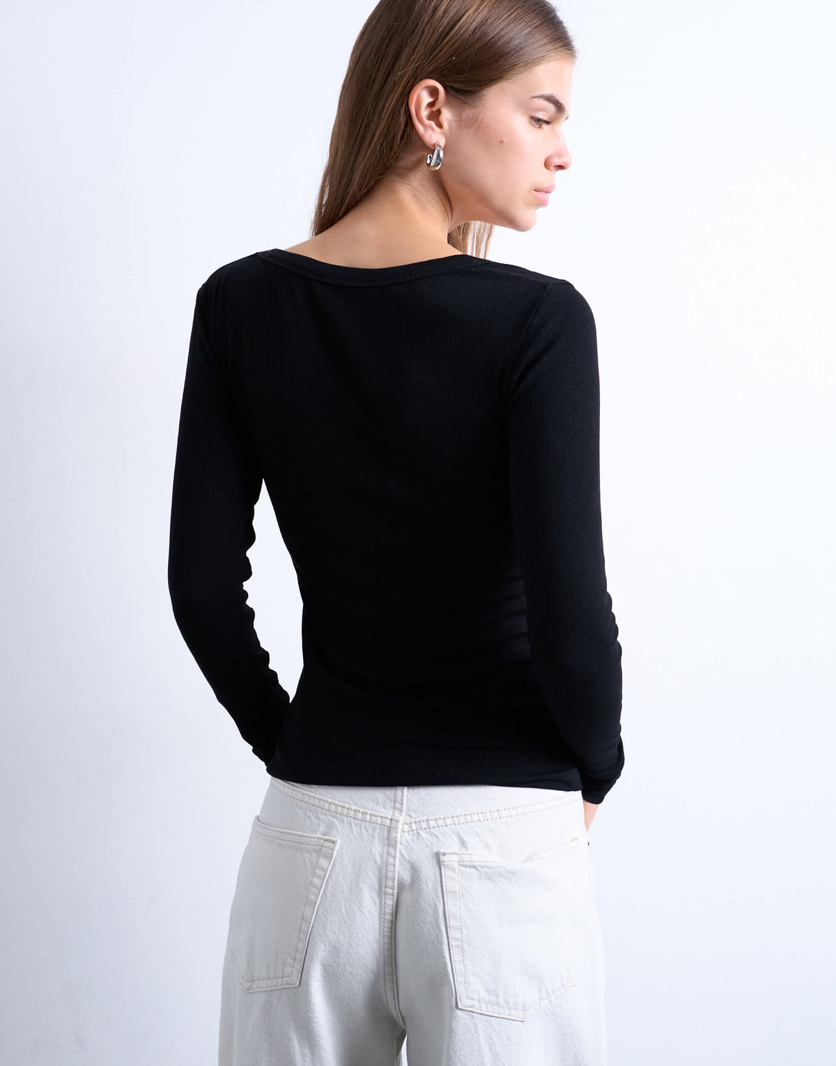 Topshop premium rib long sleeve wide scoop neck top in black