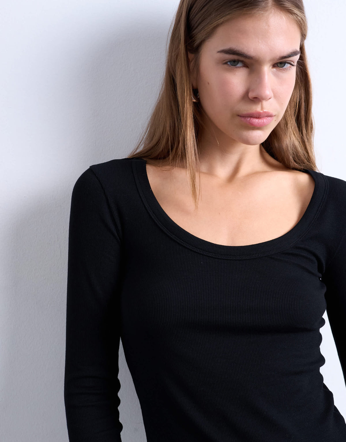 Topshop premium rib long sleeve wide scoop neck top in black