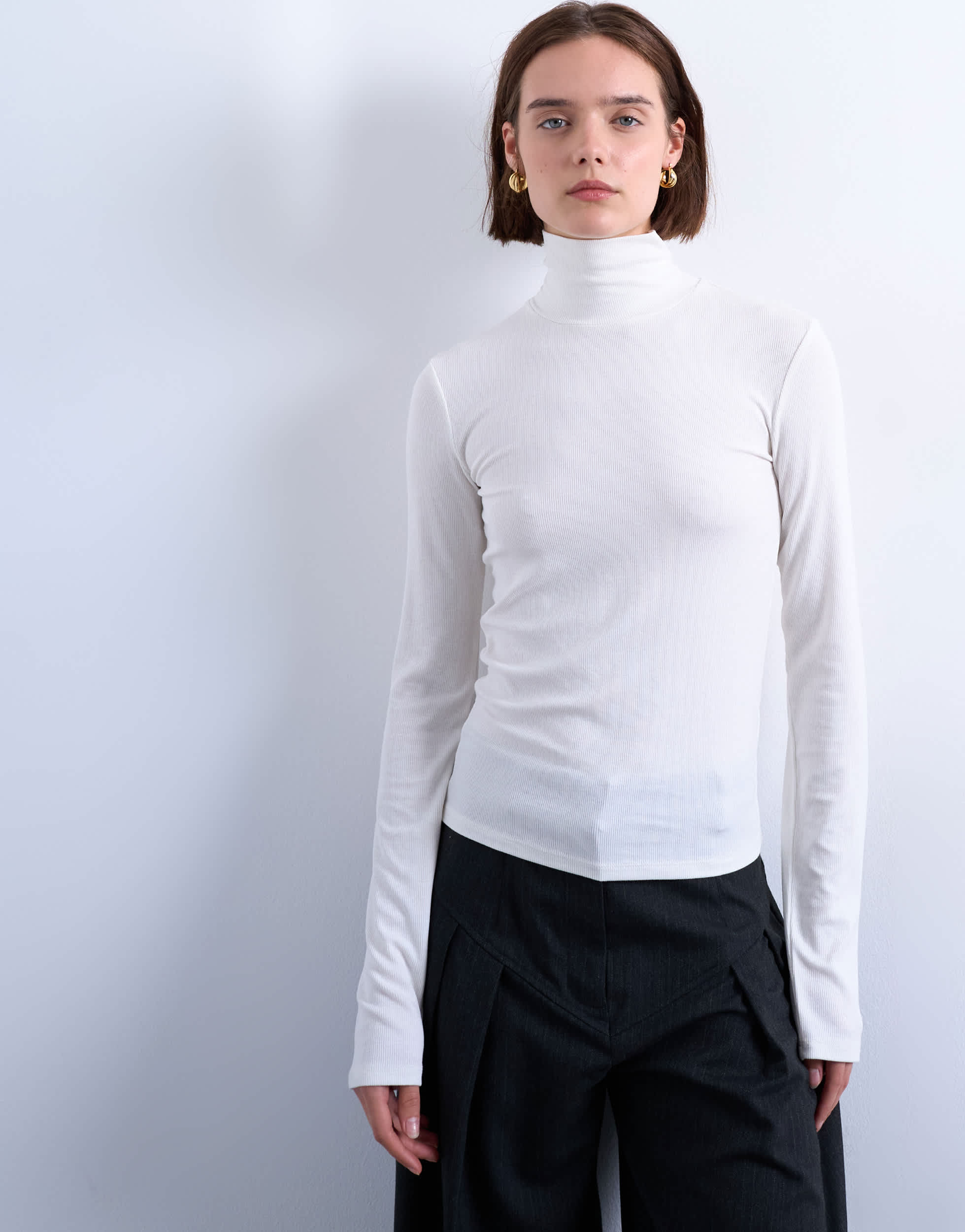 Topshop premium rib funnel neck top in ecru