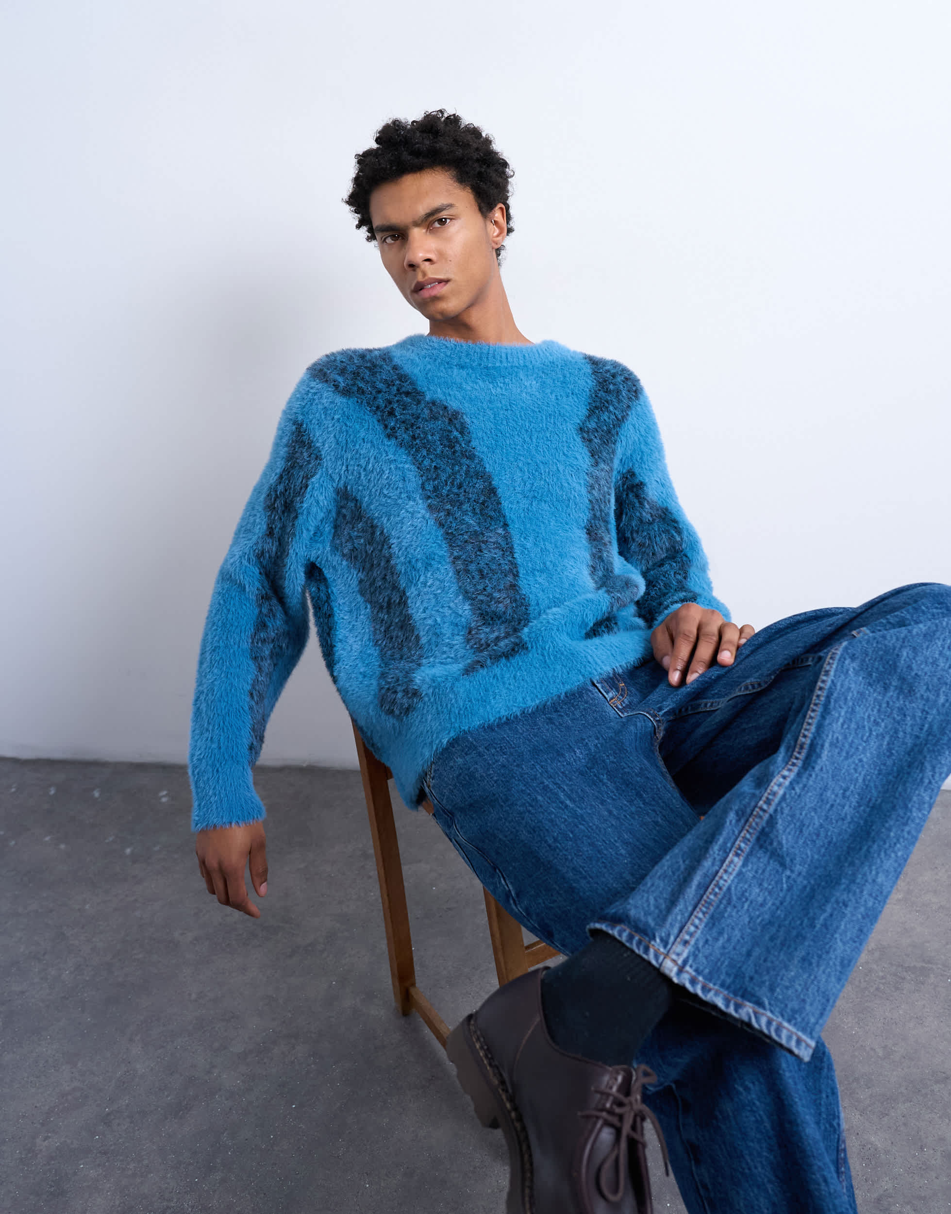 Topman relaxed fit fluffy knitted jumper with stripe design in blue