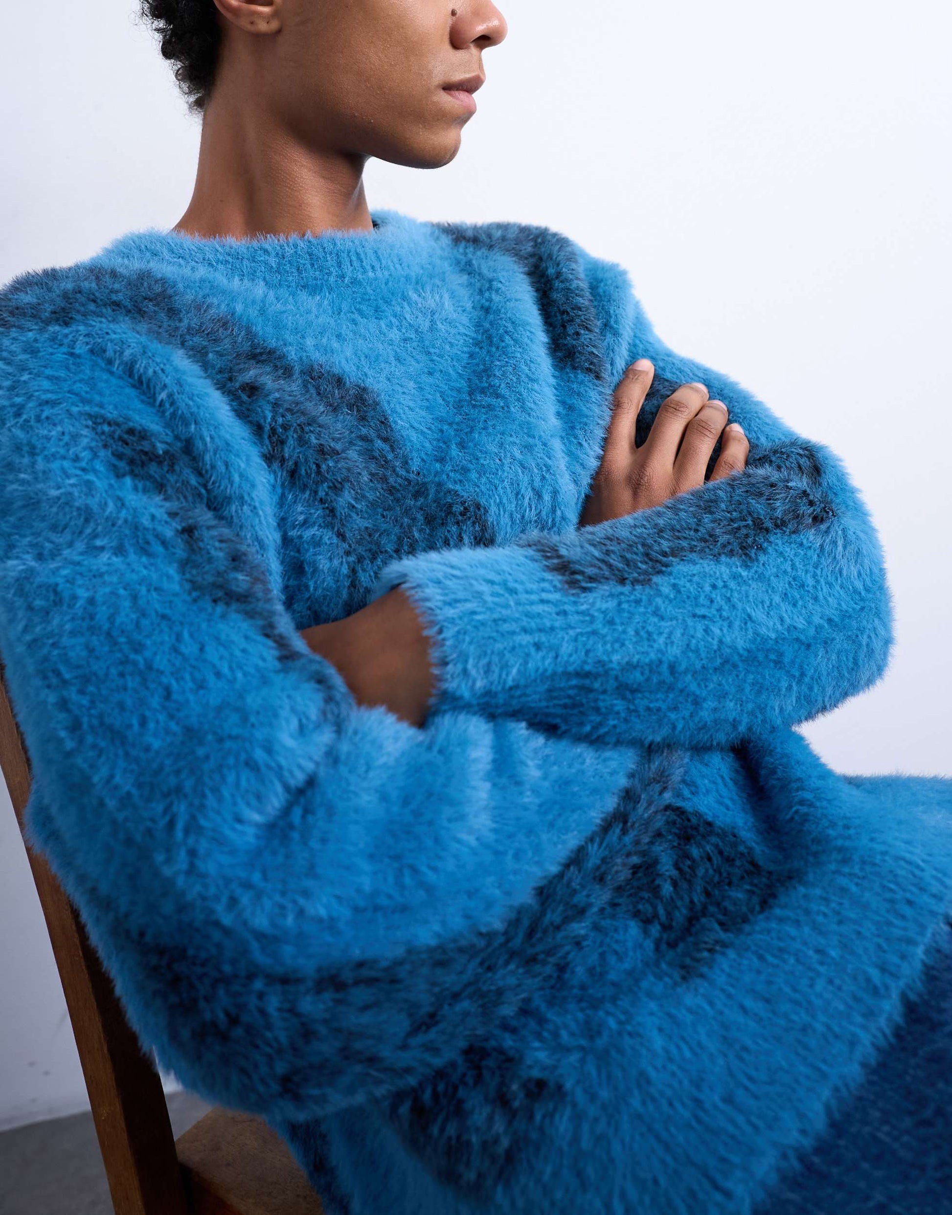 Topman relaxed fit fluffy knitted jumper with stripe design in blue