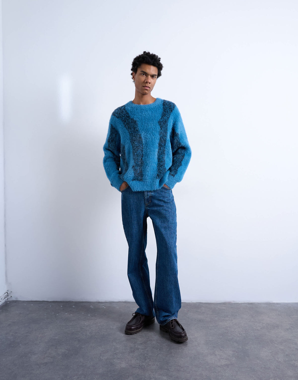 Topman relaxed fit fluffy knitted jumper with stripe design in blue