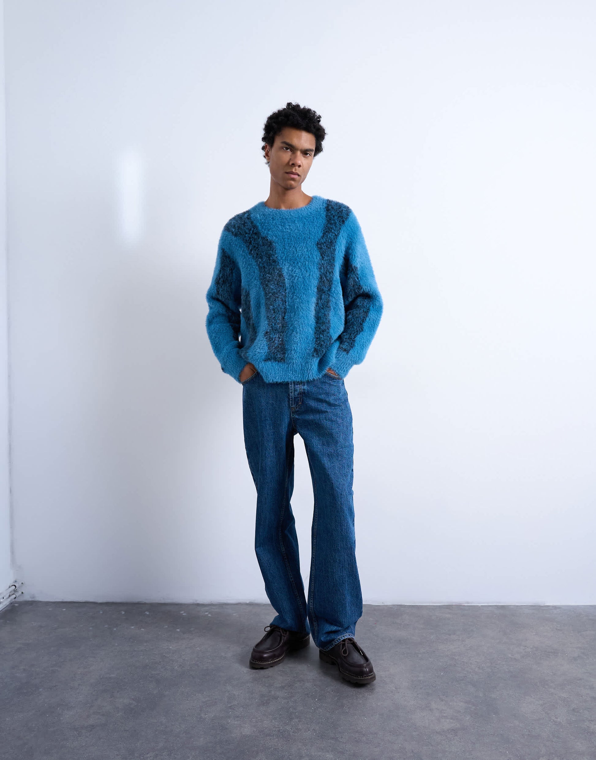 Topman relaxed fit fluffy knitted jumper with stripe design in blue