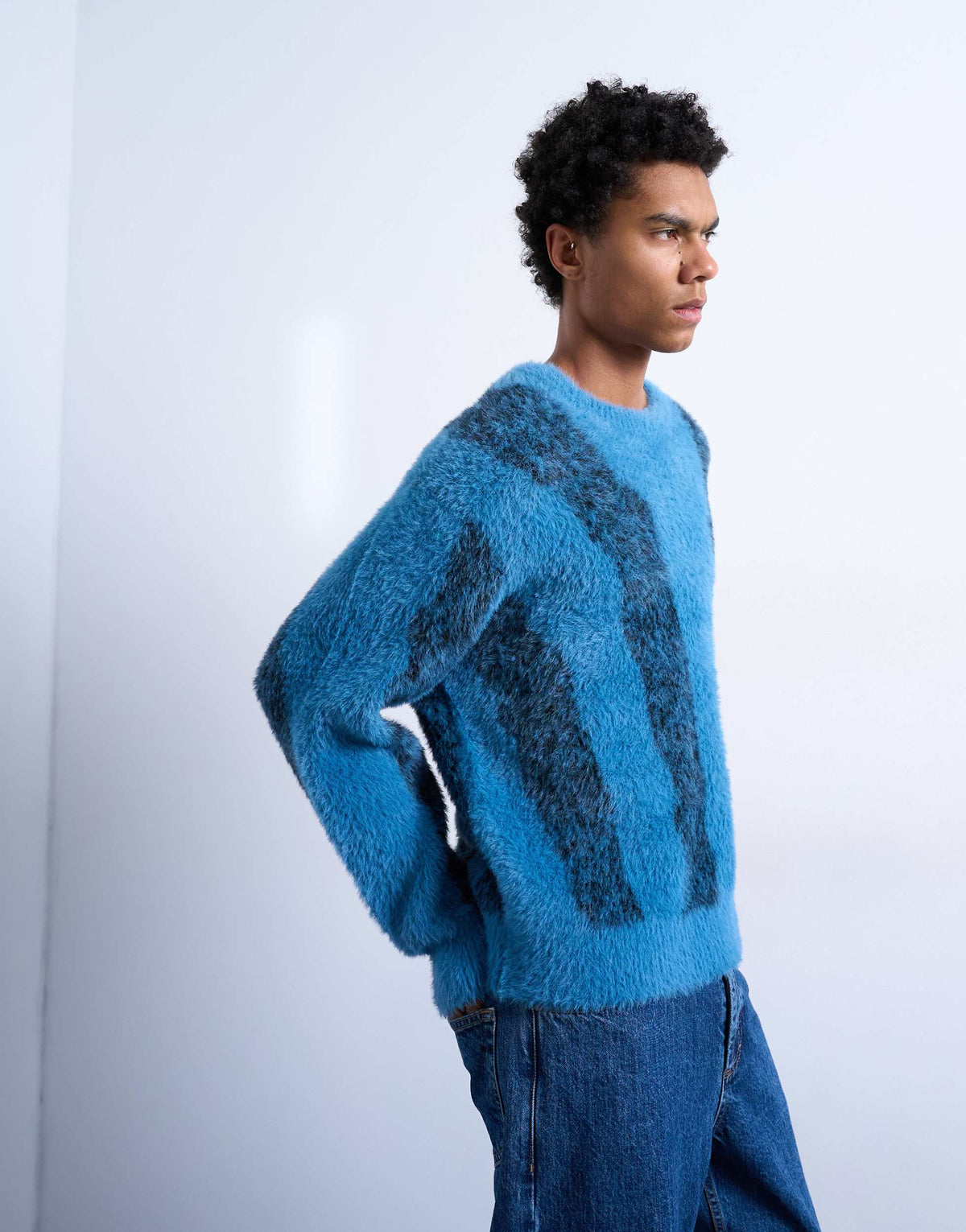 Topman relaxed fit fluffy knitted jumper with stripe design in blue