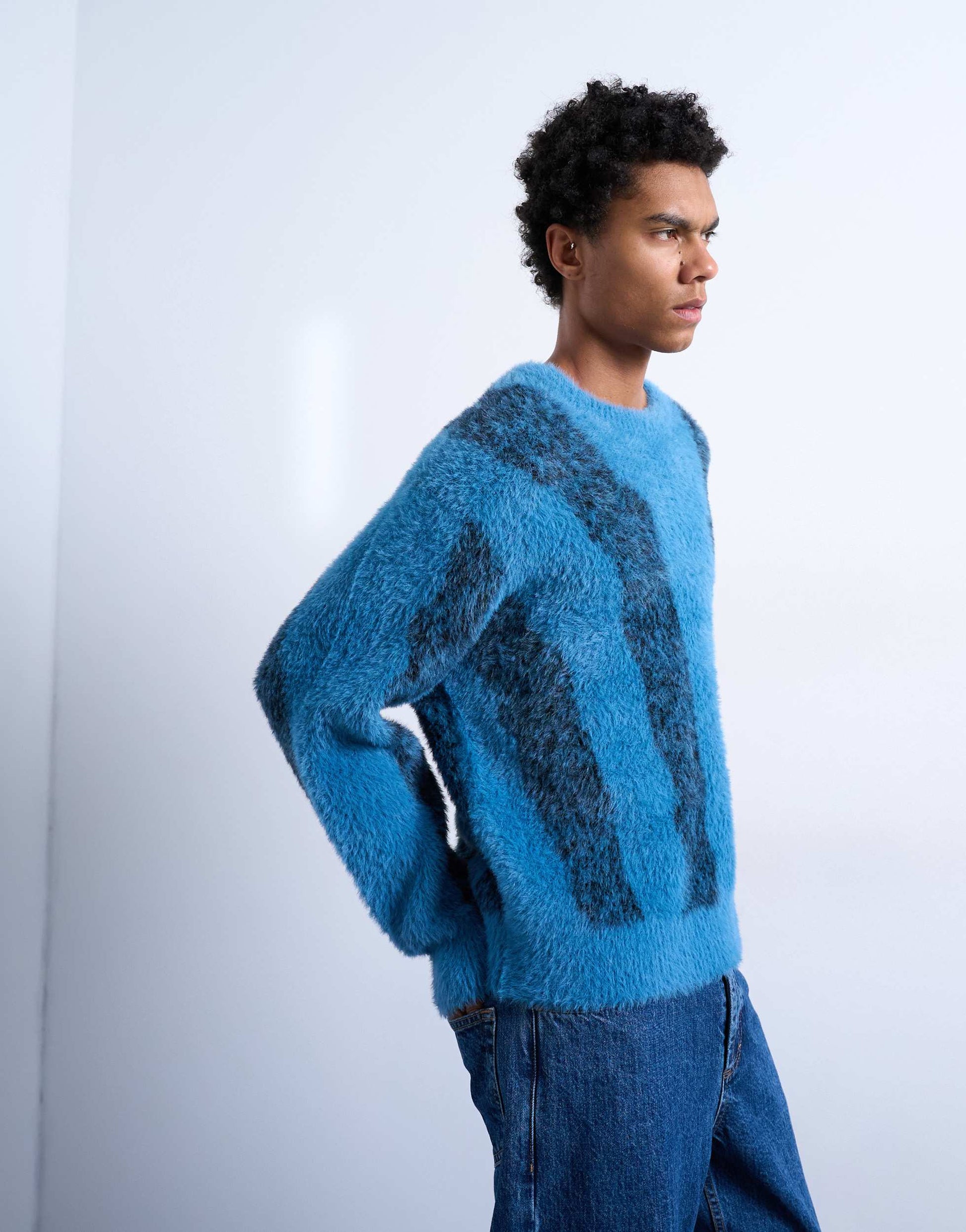 Topman relaxed fit fluffy knitted jumper with stripe design in blue