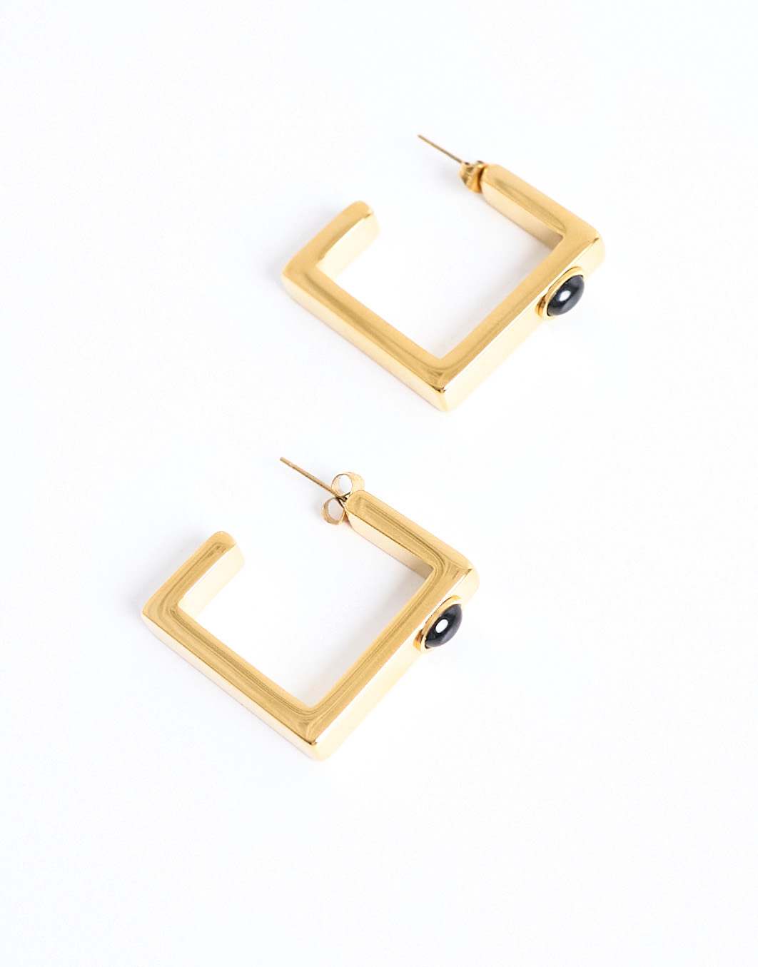 Topshop Perry waterproof stainless steel square hoop earring in gold & black stone