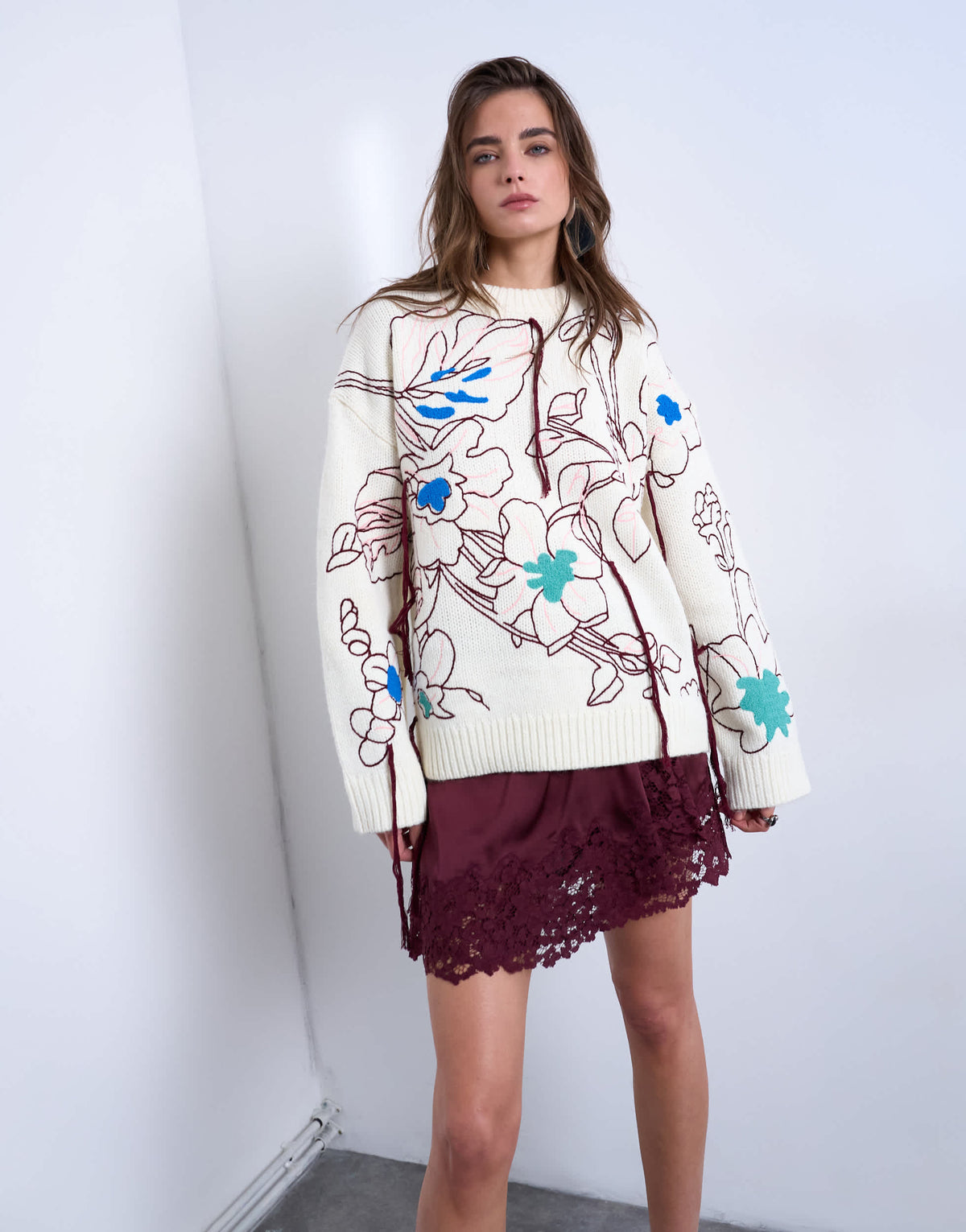 Topshop knitted premium oversized embroidered jumper in ivory