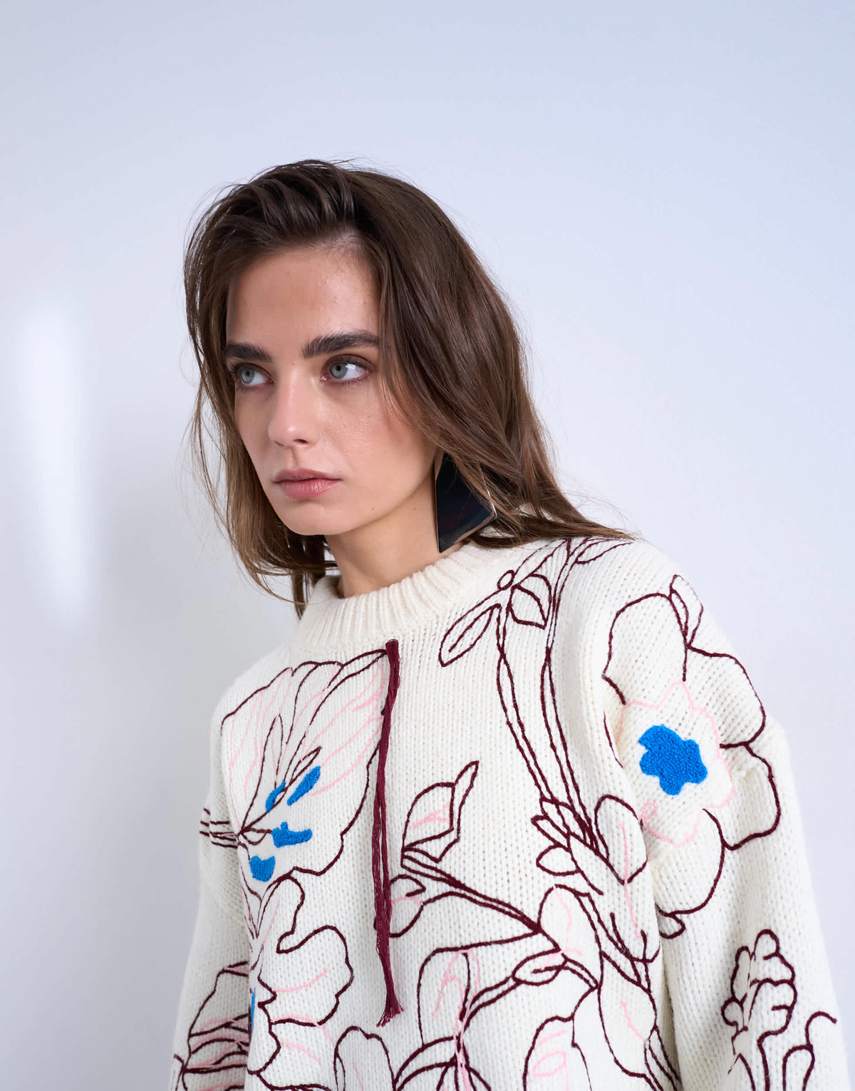 Topshop knitted premium oversized embroidered jumper in ivory