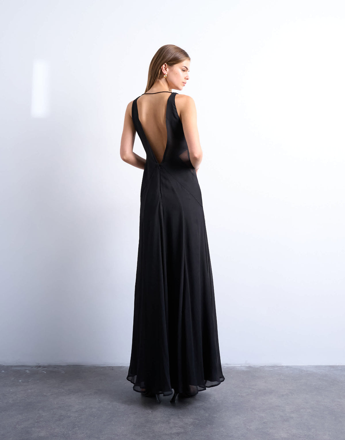 Topshop plunge full hem occasion dress with sheer panels in black
