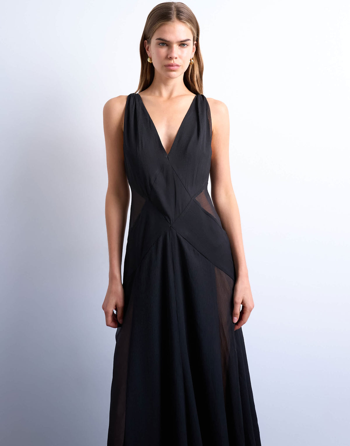 Topshop plunge full hem occasion dress with sheer panels in black