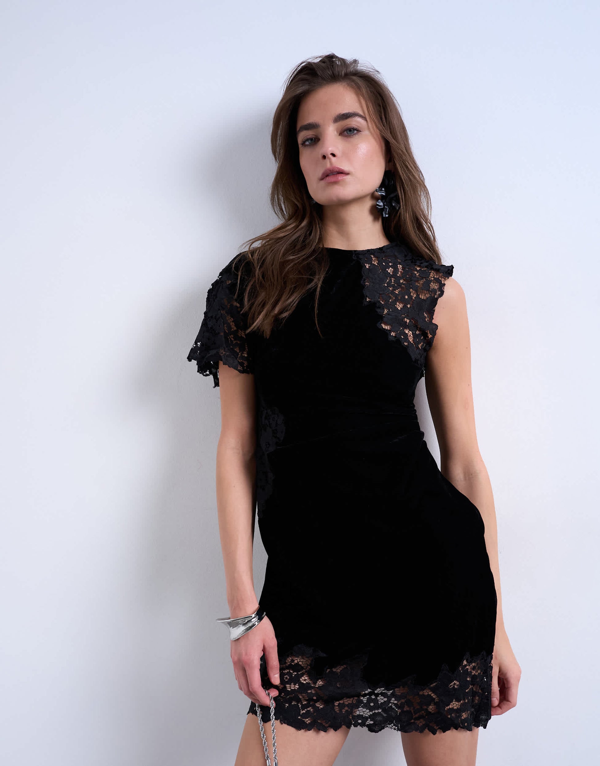 Topshop lace insert grown on shoulder velvet mini dress in black