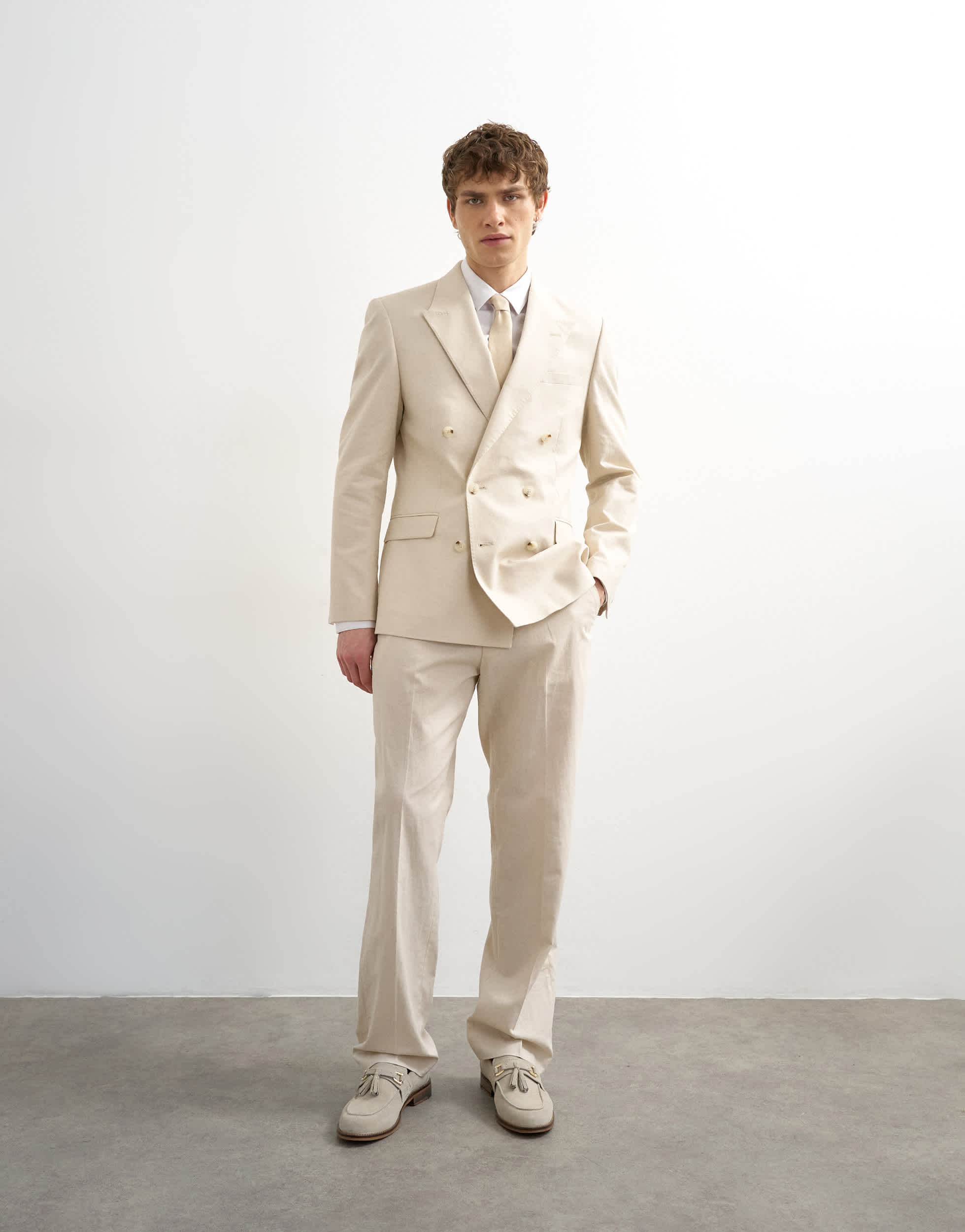 Topman straight fit linen rich trousers in stone