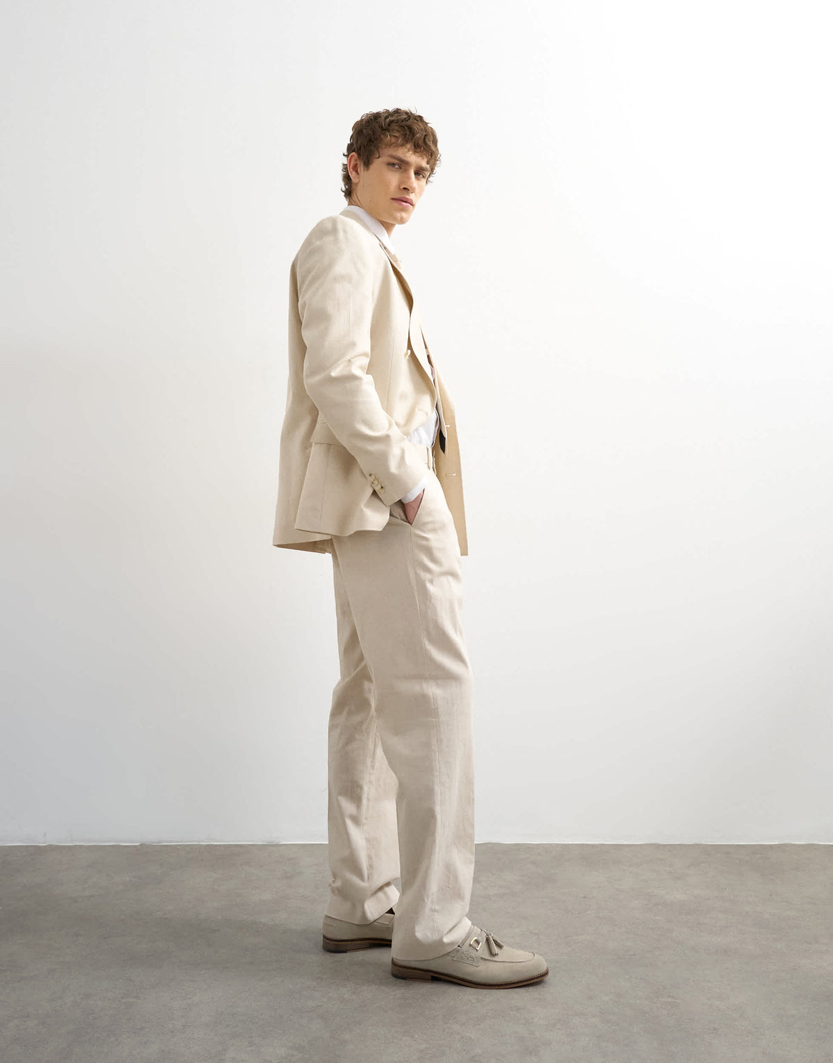 Topman straight fit linen rich trousers in stone