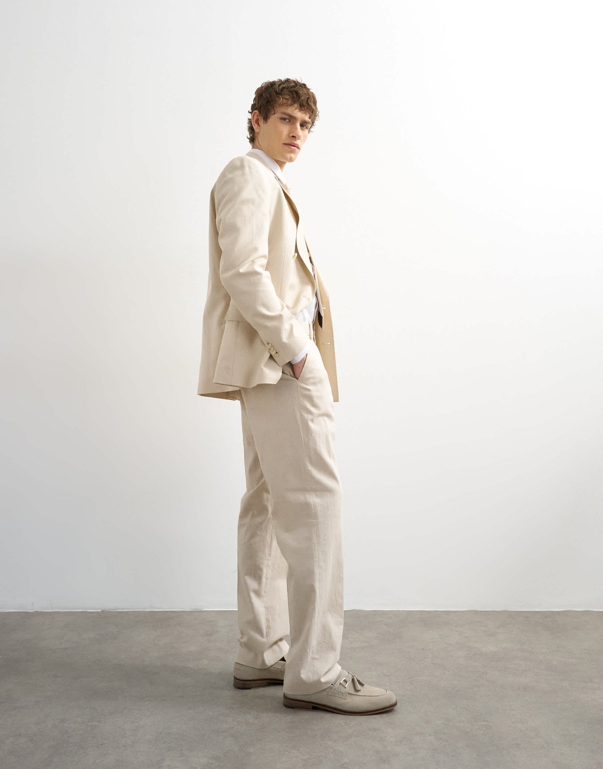 Topman straight fit linen rich trousers in stone