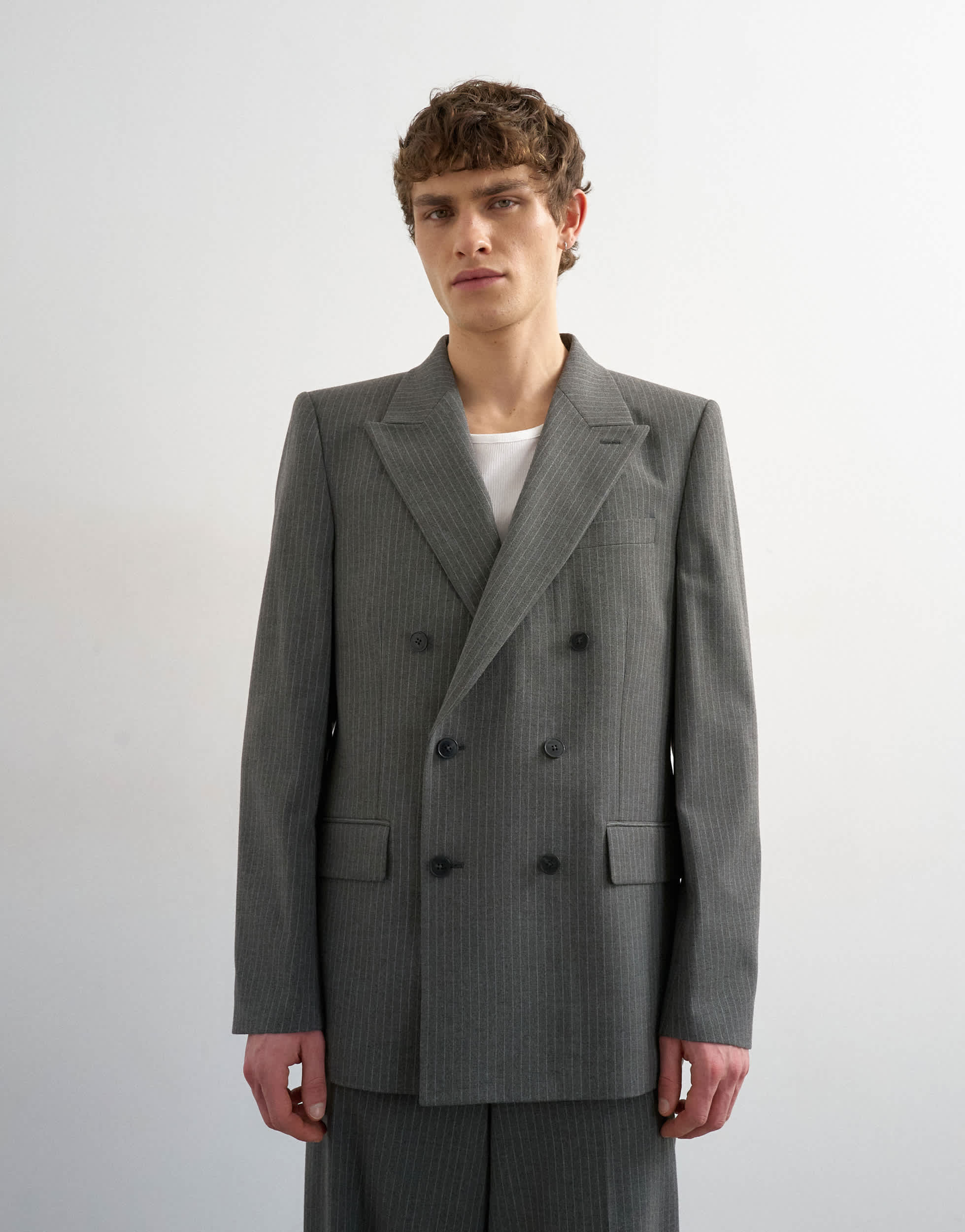Topman relaxed pinstripe double breasted suit jacket in charcoal