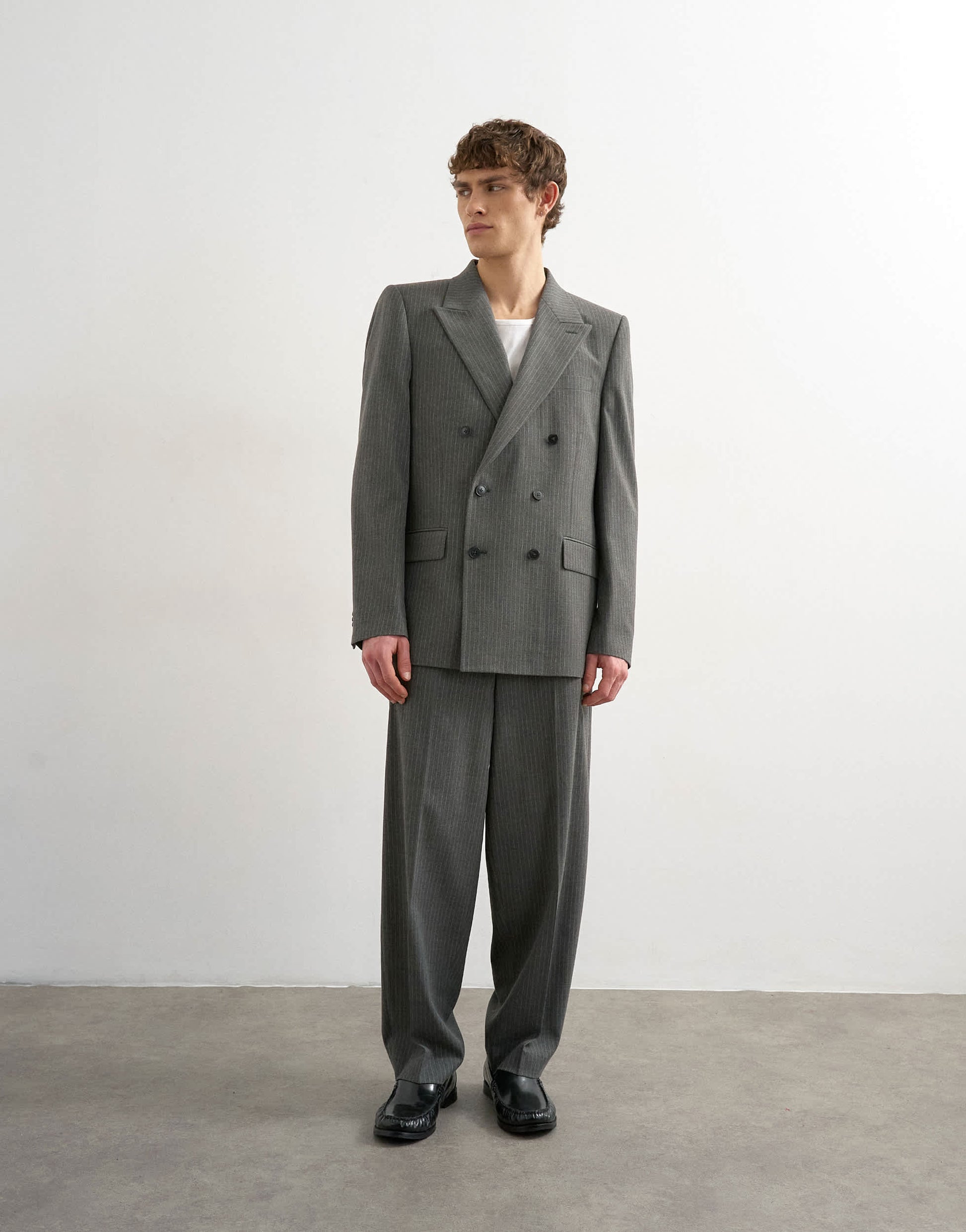 Topman relaxed pinstripe double breasted suit jacket in charcoal