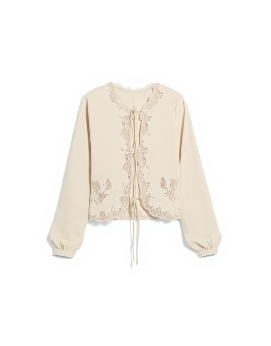 Topshop delicate tie front long sleeve top with lace in oyster