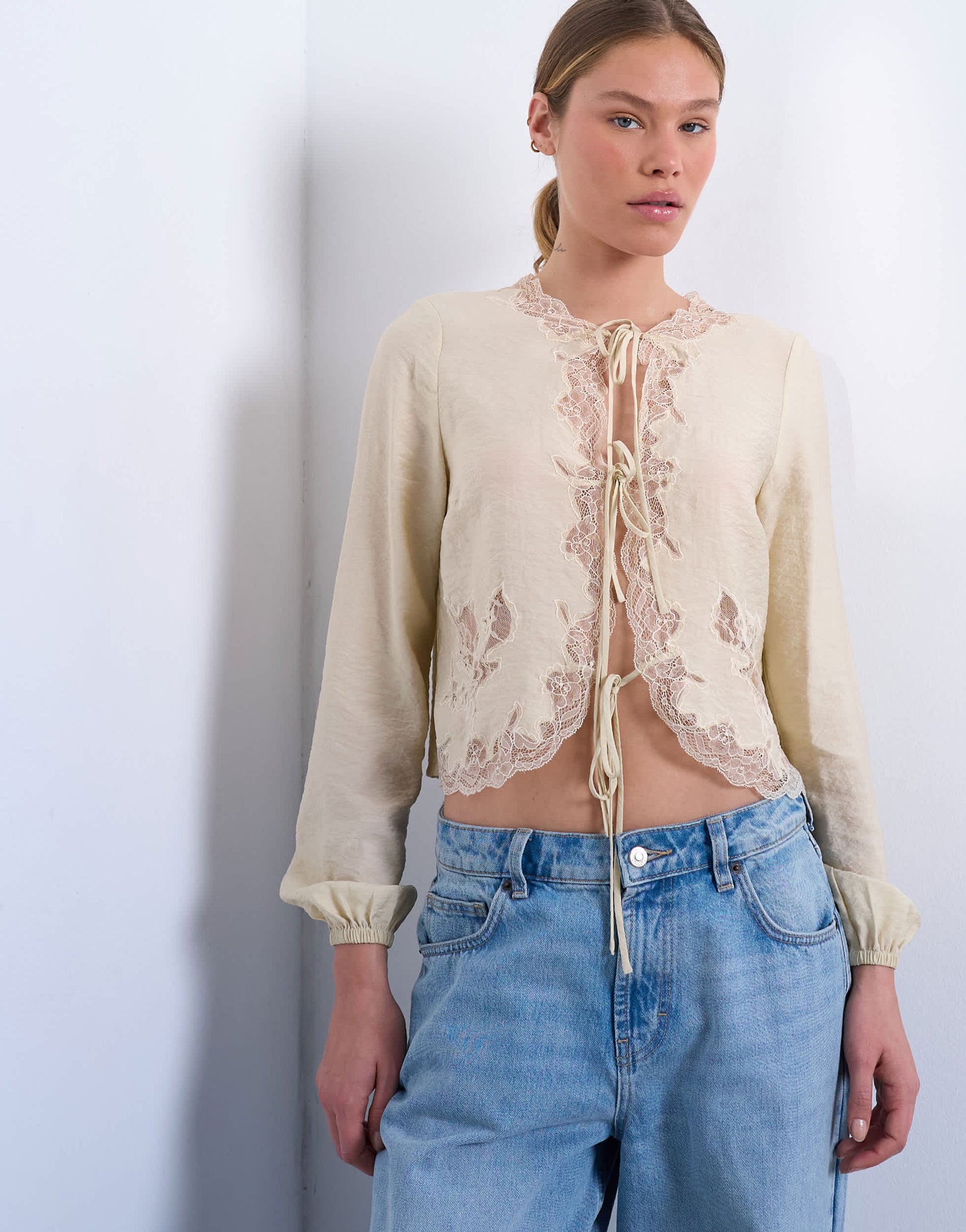 Topshop delicate tie front long sleeve top with lace in oyster